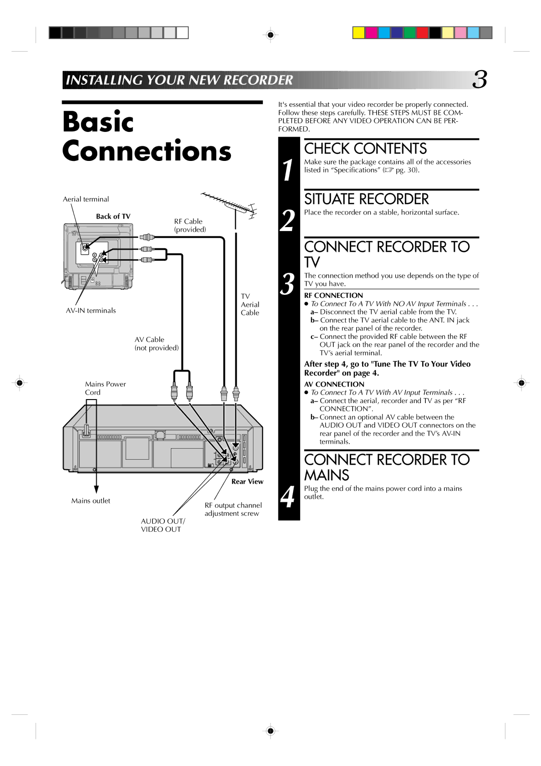 JVC HR-J435EA specifications Basic Connections, Check Contents, Situate Recorder, Connect Recorder to Mains 