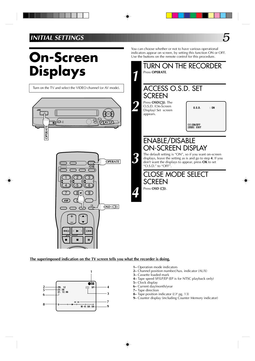 JVC HR-J435EA On-Screen Displays, Access O.S.D. SET, ENABLE/DISABLE ON-SCREEN Display, Close Mode Select Screen 