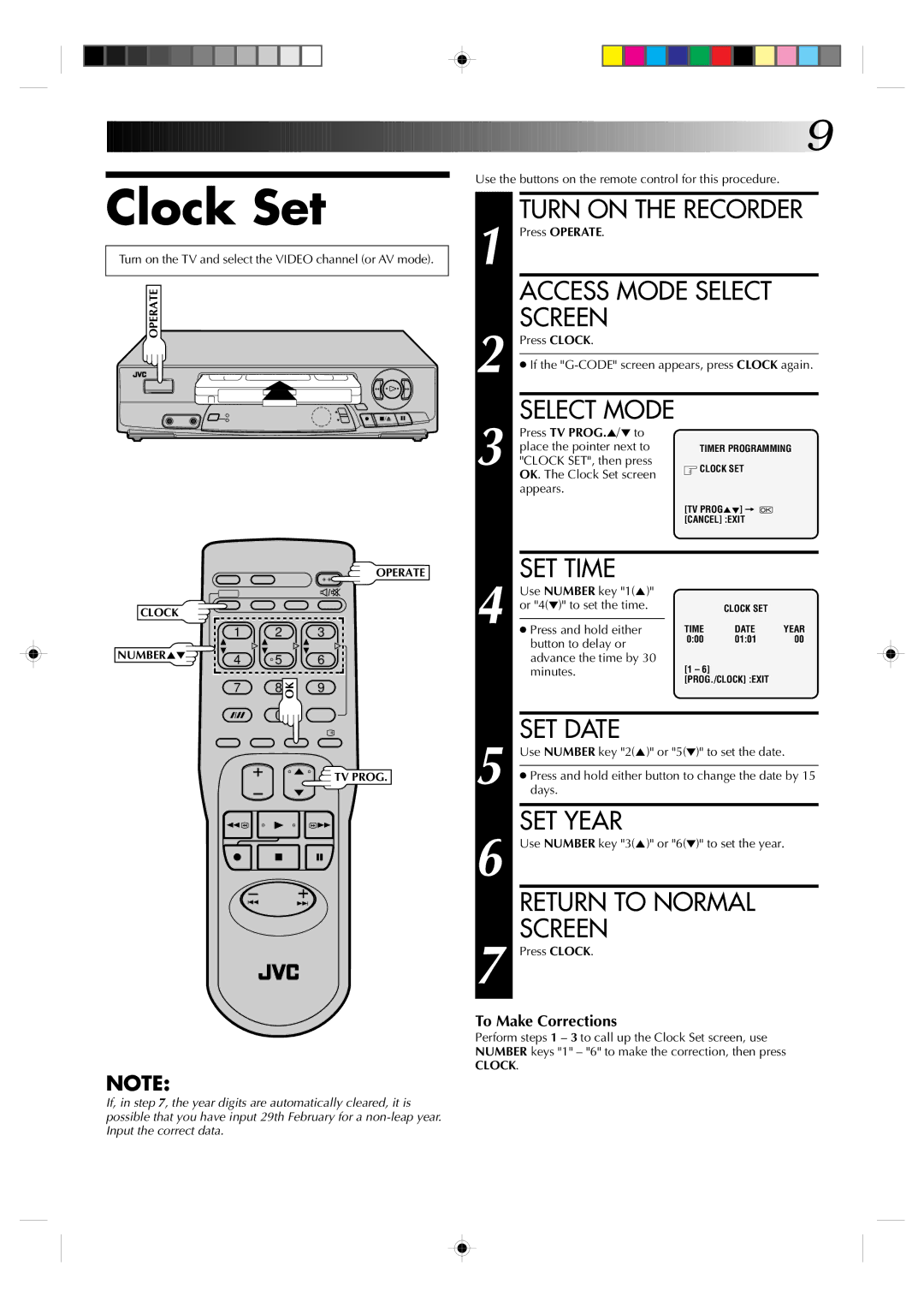 JVC HR-J435EA specifications Clock Set, SET Time, SET Date, SET Year 