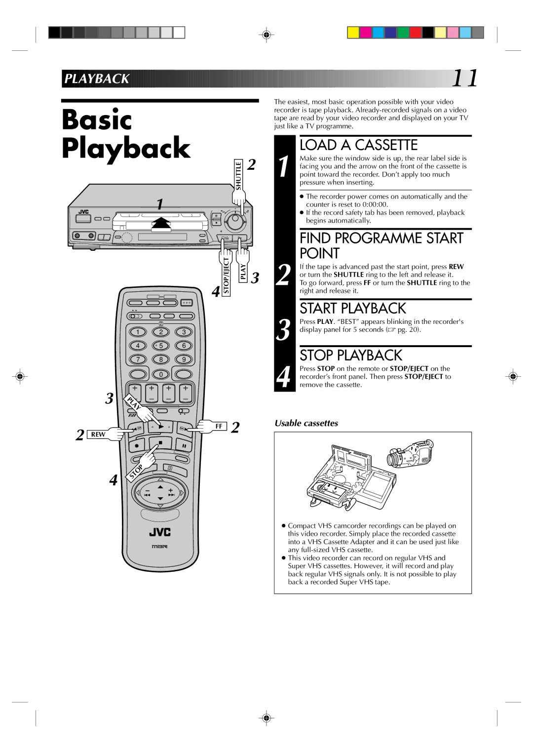 JVC HR-J435EK specifications Basic Playback, Load a Cassette, Point, Start Playback, Stop Playback 