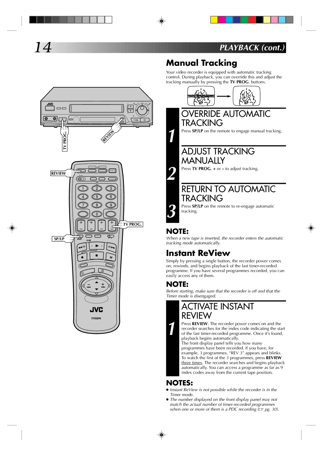 JVC HR-J435EK Override Automatic Tracking, Adjust Tracking Manually, Return to Automatic Tracking, Activate Instant Review 