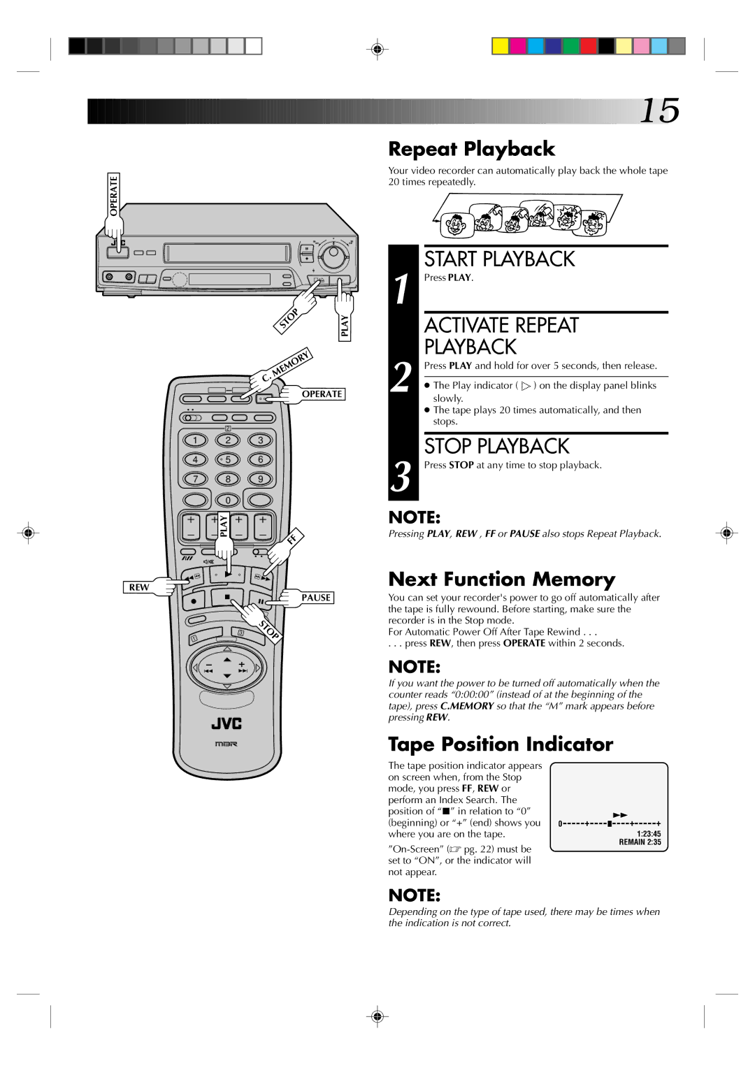 JVC HR-J435EK specifications Activate Repeat, Repeat Playback, Next Function Memory, Tape Position Indicator 