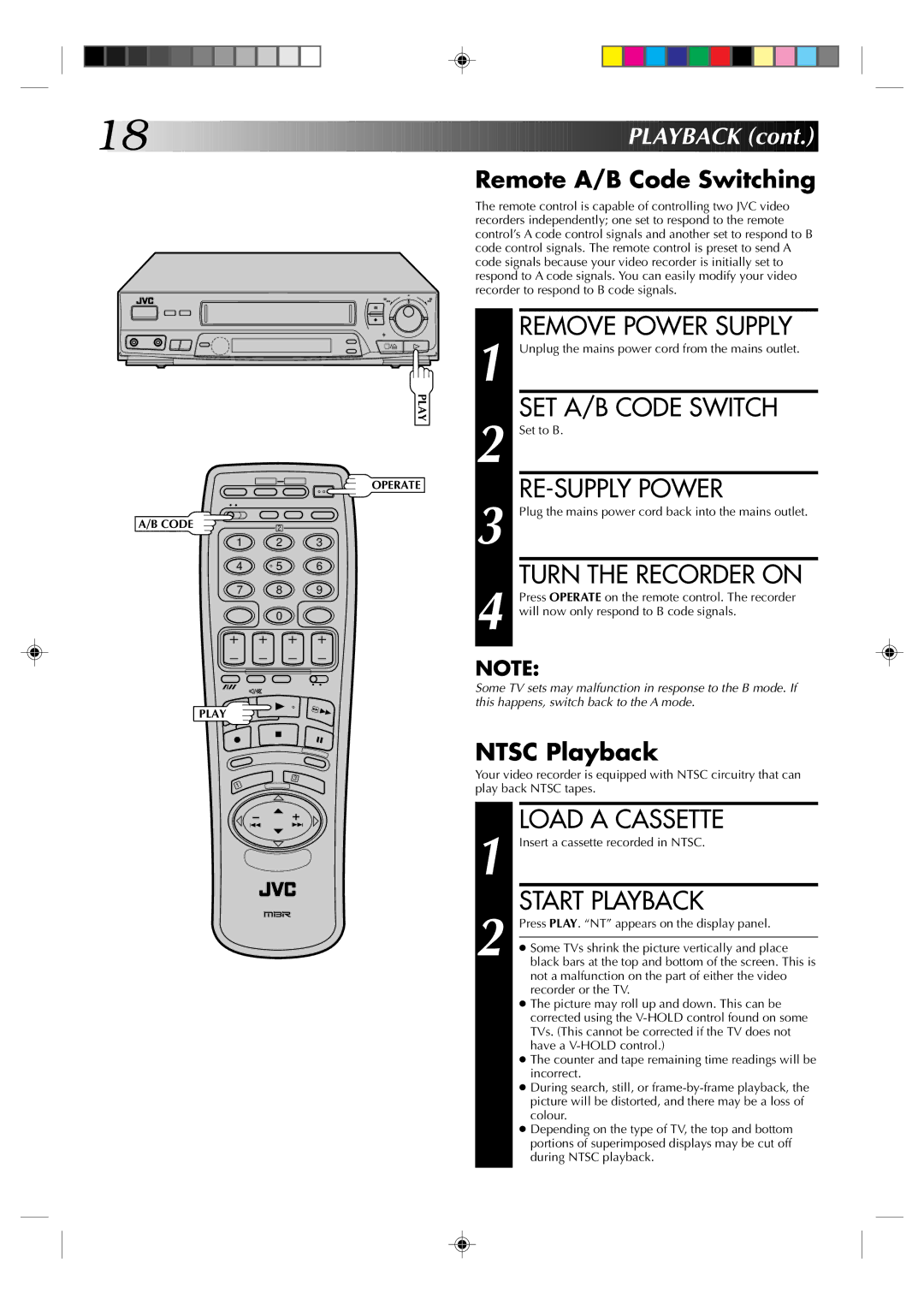 JVC HR-J435EK specifications SET A/B Code Switch, RE-SUPPLY Power, Remote A/B Code Switching, Ntsc Playback 