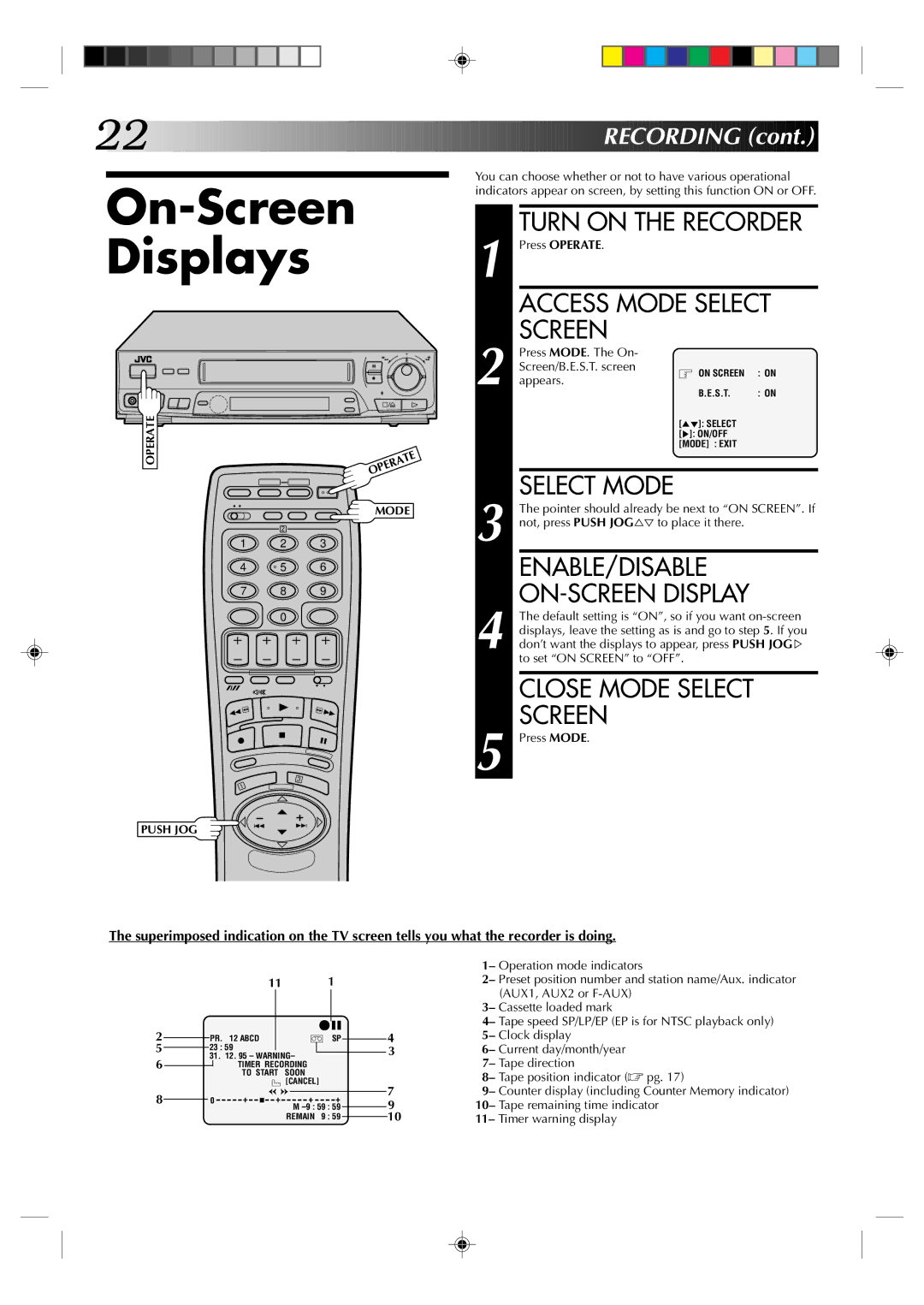 JVC HR-J435EK On-Screen Displays, Enable/Disable, Not, press Push JOG%Þ to place it there, To set on Screen to OFF 