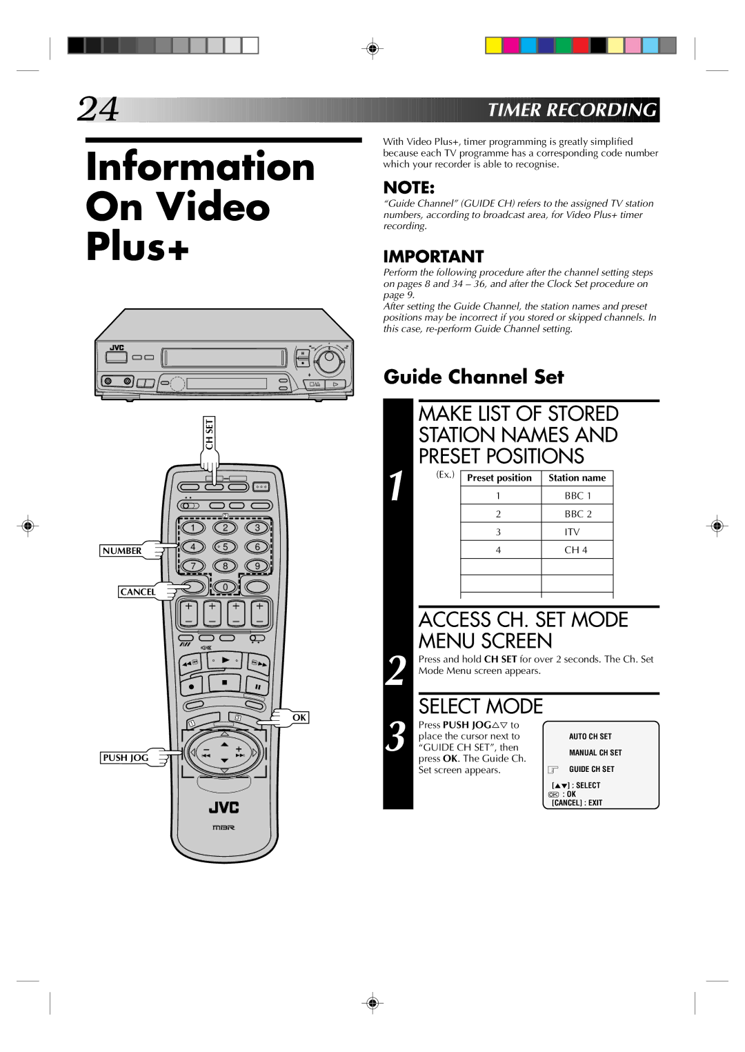 JVC HR-J435EK Information On Video Plus+, Make List of Stored Station Names Preset Positions, Timer Recording 