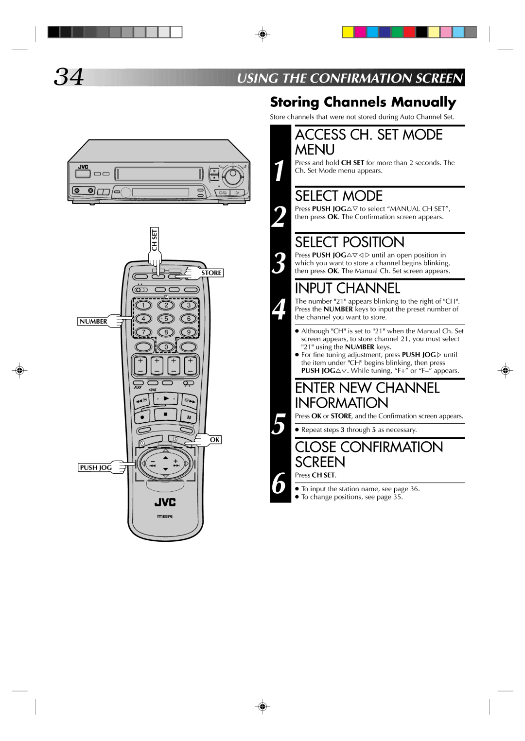 JVC HR-J435EK Access CH. SET Mode, Menu, Select Mode, Select Position, Input Channel, Enter NEW Channel Information 