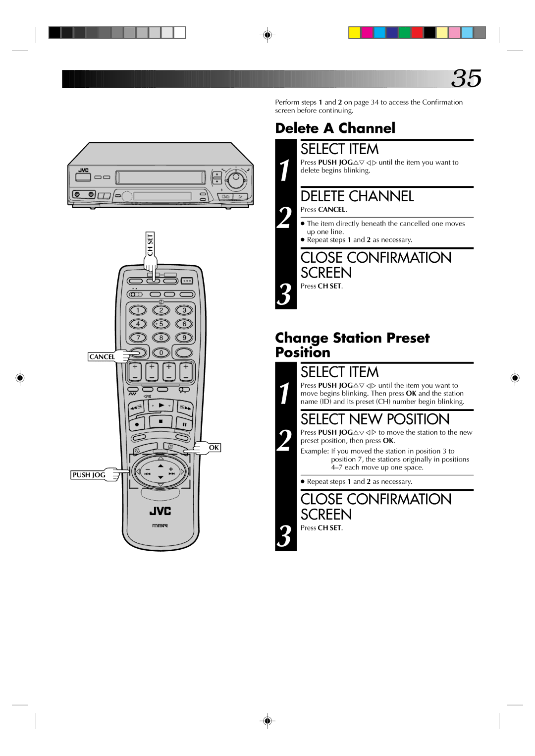 JVC HR-J435EK specifications Select Item, Delete Channel, Close Confirmation, Select NEW Position 