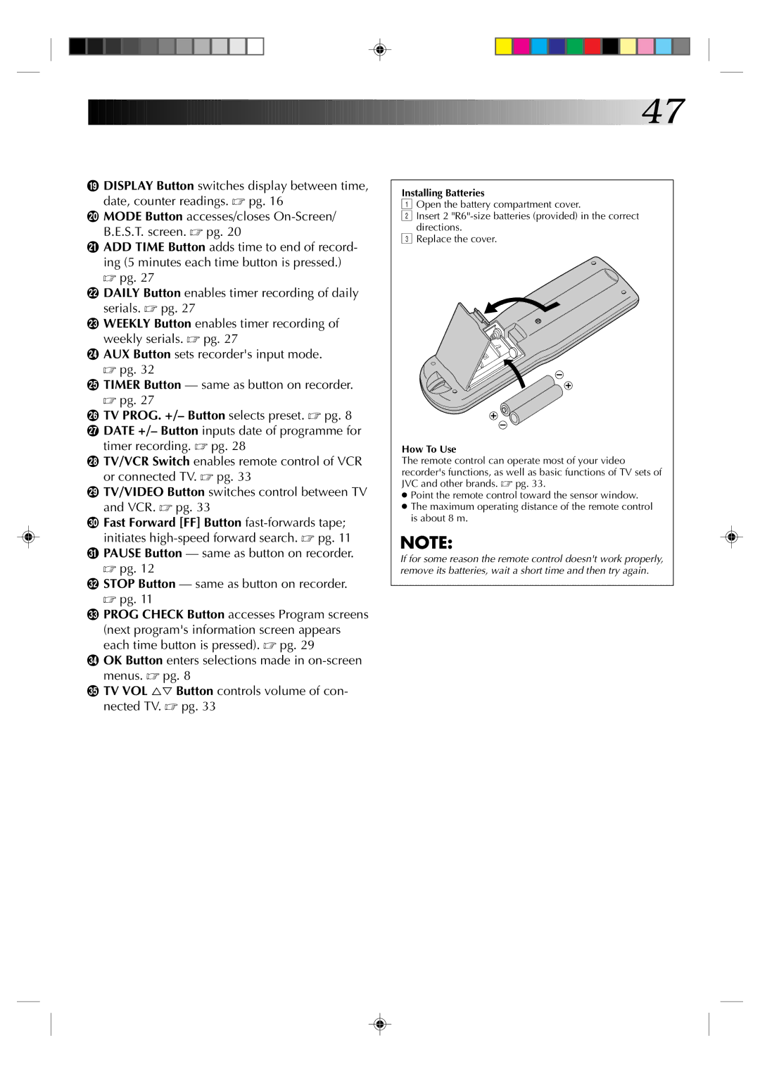 JVC HR-J435EK specifications Installing Batteries, How To Use 