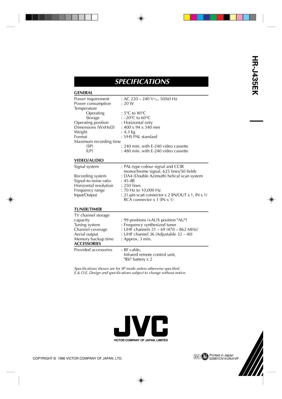 JVC HR-J435EK specifications Dimensions WxHxD, Pin scart connector x 2 IN/OUT x 1, in x, Provided accessories 