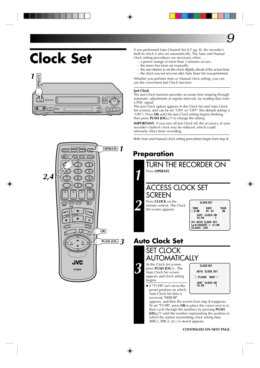 JVC HR-J435EK specifications Turn the Recorder on, SET Clock Automatically, Preparation, Auto Clock Set 