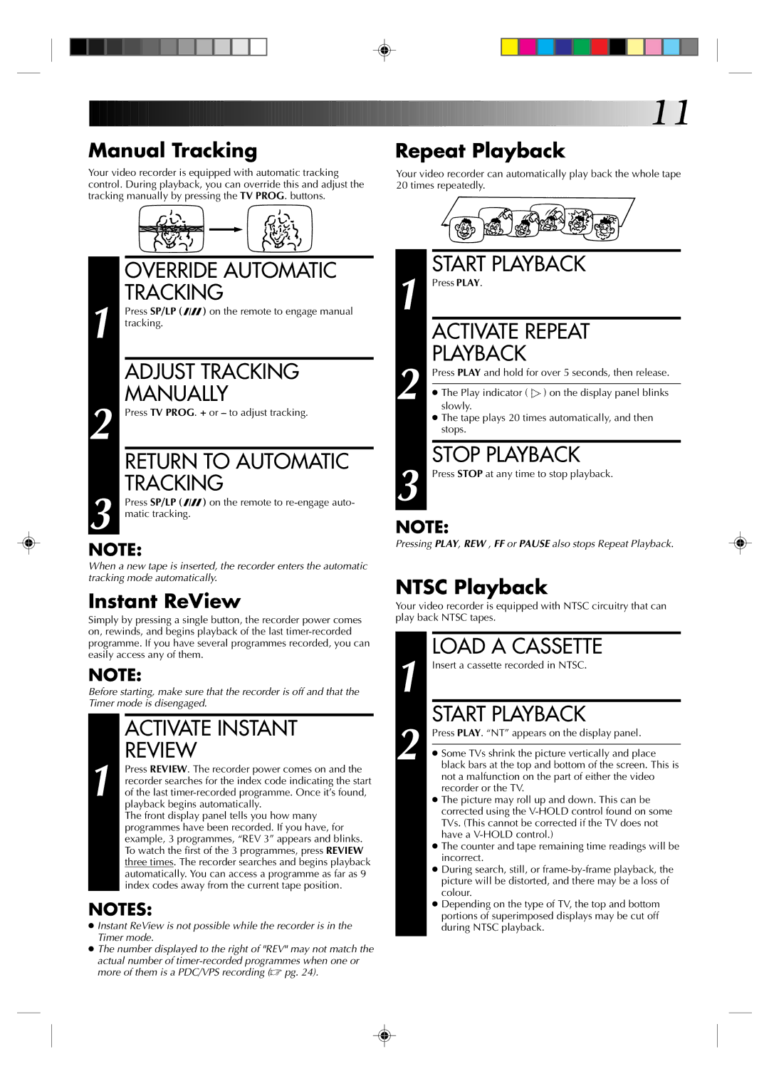 JVC HR-J238E Override Automatic Tracking, Adjust Tracking, Manually, Return to Automatic, Activate Instant Review 