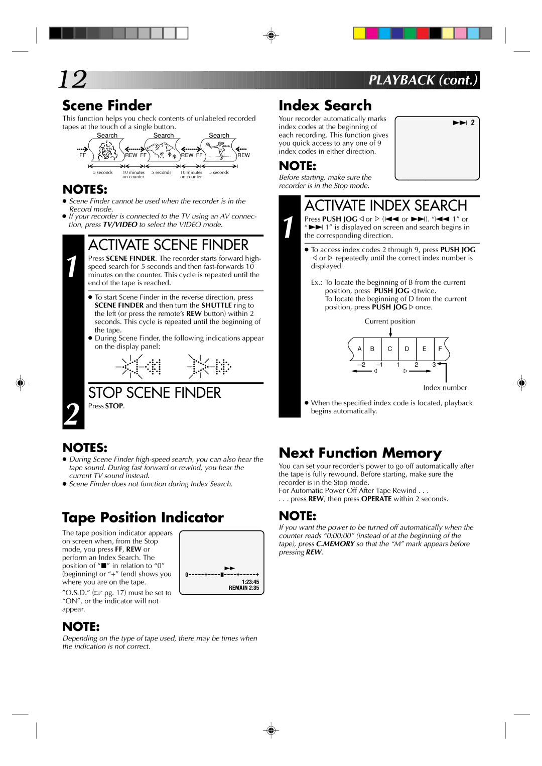 JVC HR-J438E, HR-J238E specifications Activate Scene Finder, Stop Scene Finder, Activate Index Search 