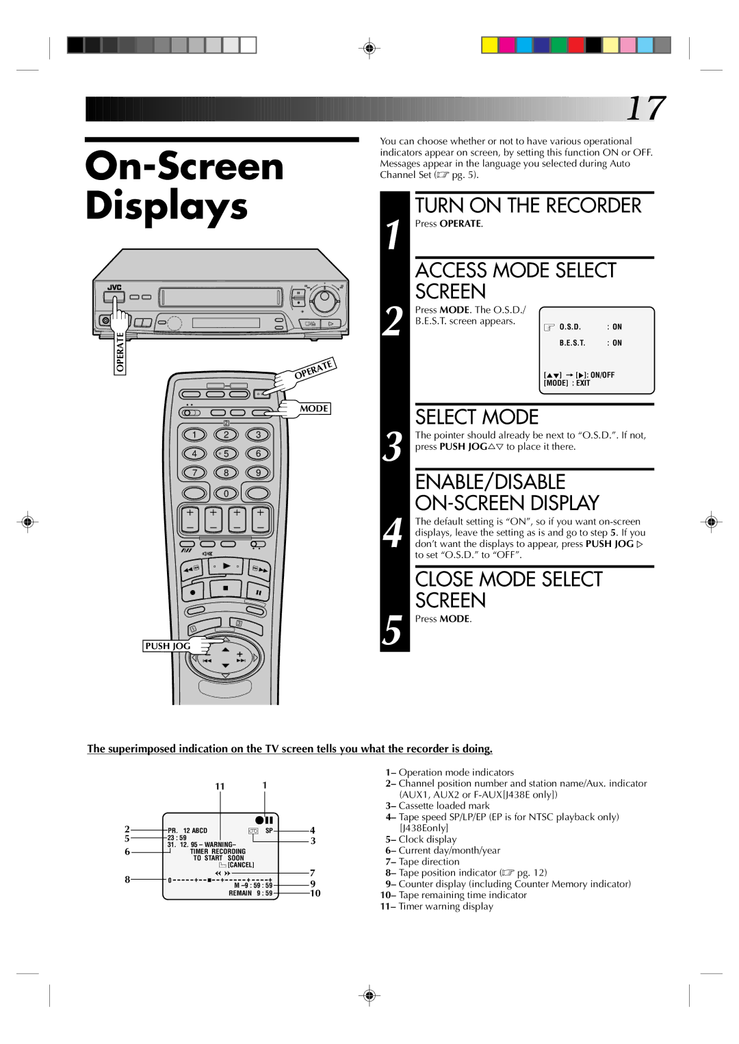 JVC HR-J238E, HR-J438E specifications On-Screen Displays, Select Mode, Enable/Disable 