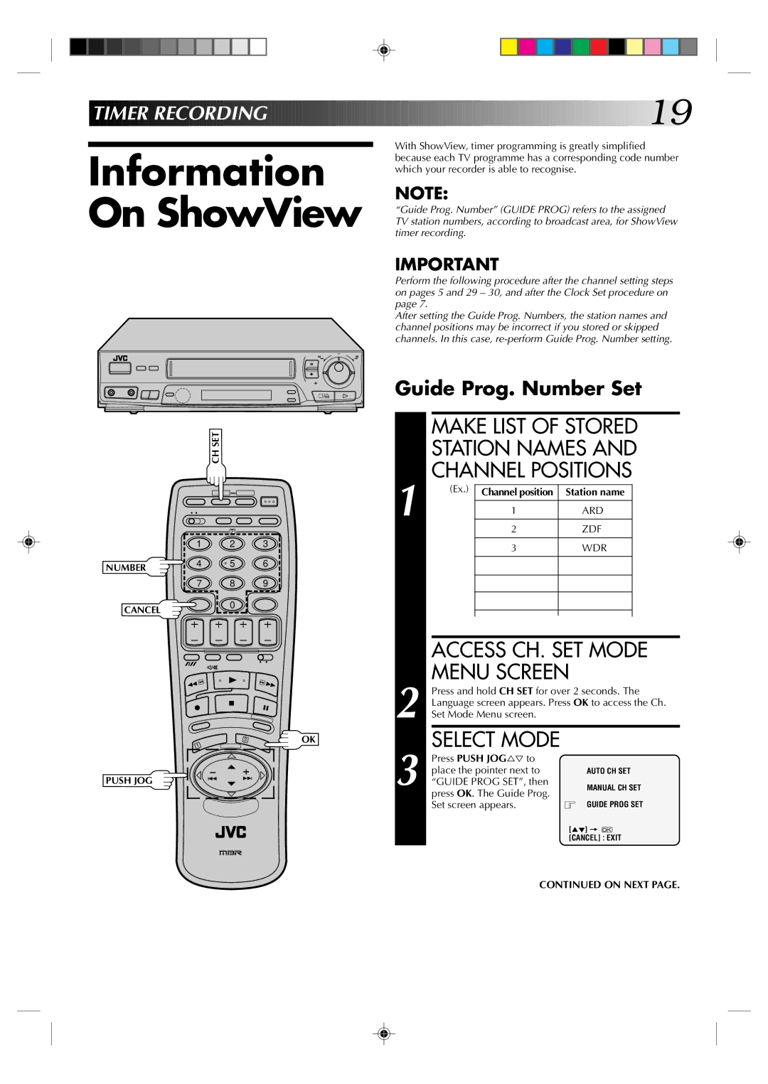 JVC HR-J238E Information On ShowView, Make List of Stored Station Names Channel Positions, Access CH. SET Mode Menu Screen 