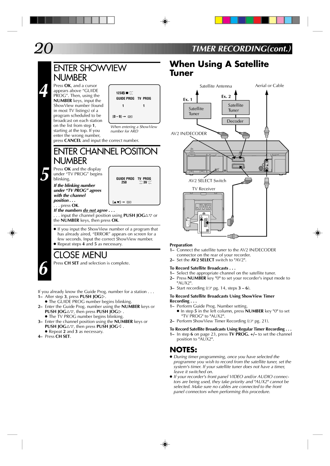 JVC HR-J438E Enter Showview Number, Close Menu, When Using a Satellite Tuner, Preparation, To Record Satellite Broadcasts 