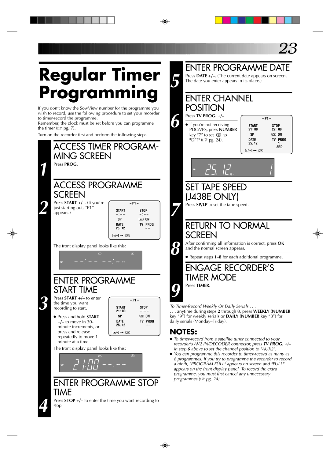 JVC HR-J238E, HR-J438E Regular Timer Programming, Enter Programme Stop Time, Enter Programme Date, Enter Channel Position 