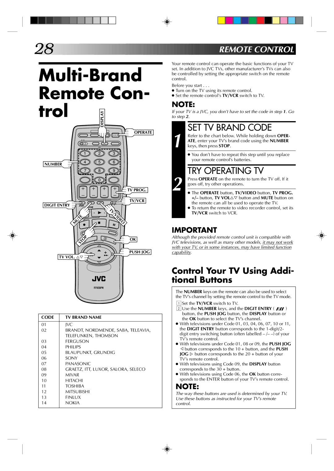 JVC HR-J438E Multi-Brand Remote Con Trol, SET TV Brand Code, TRY Operating TV, Control Your TV Using Addi- tional Buttons 