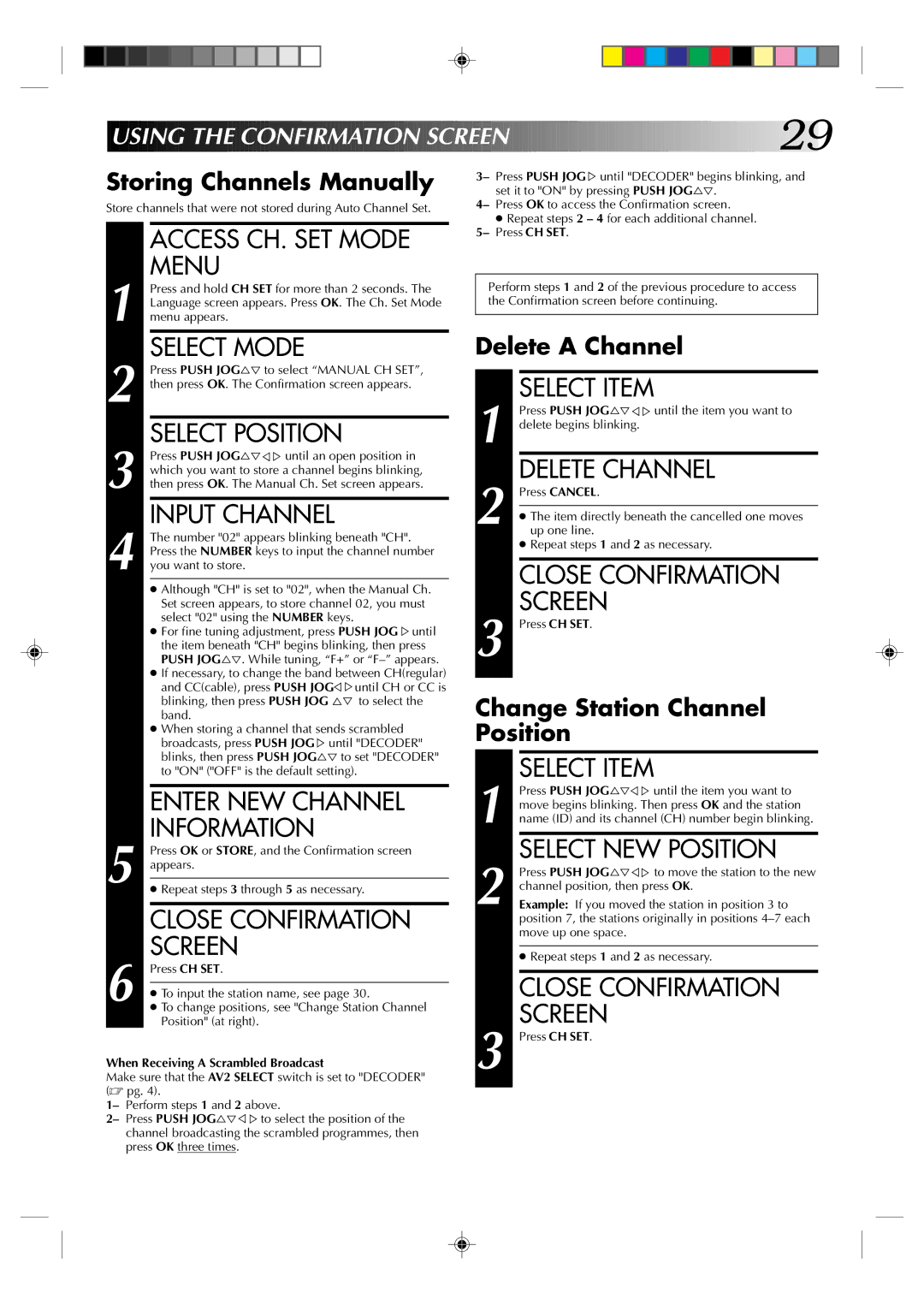 JVC HR-J238E Access CH. SET Mode, Menu, Select Position, Input Channel, Enter NEW Channel, Information, Close Confirmation 