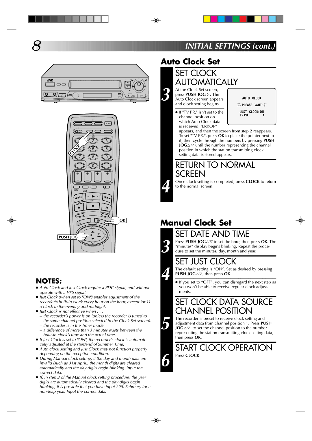 JVC HR-J438E, HR-J238E SET Clock, Return to Normal, Screen, SET Date and Time, SET Just Clock, Channel Position 