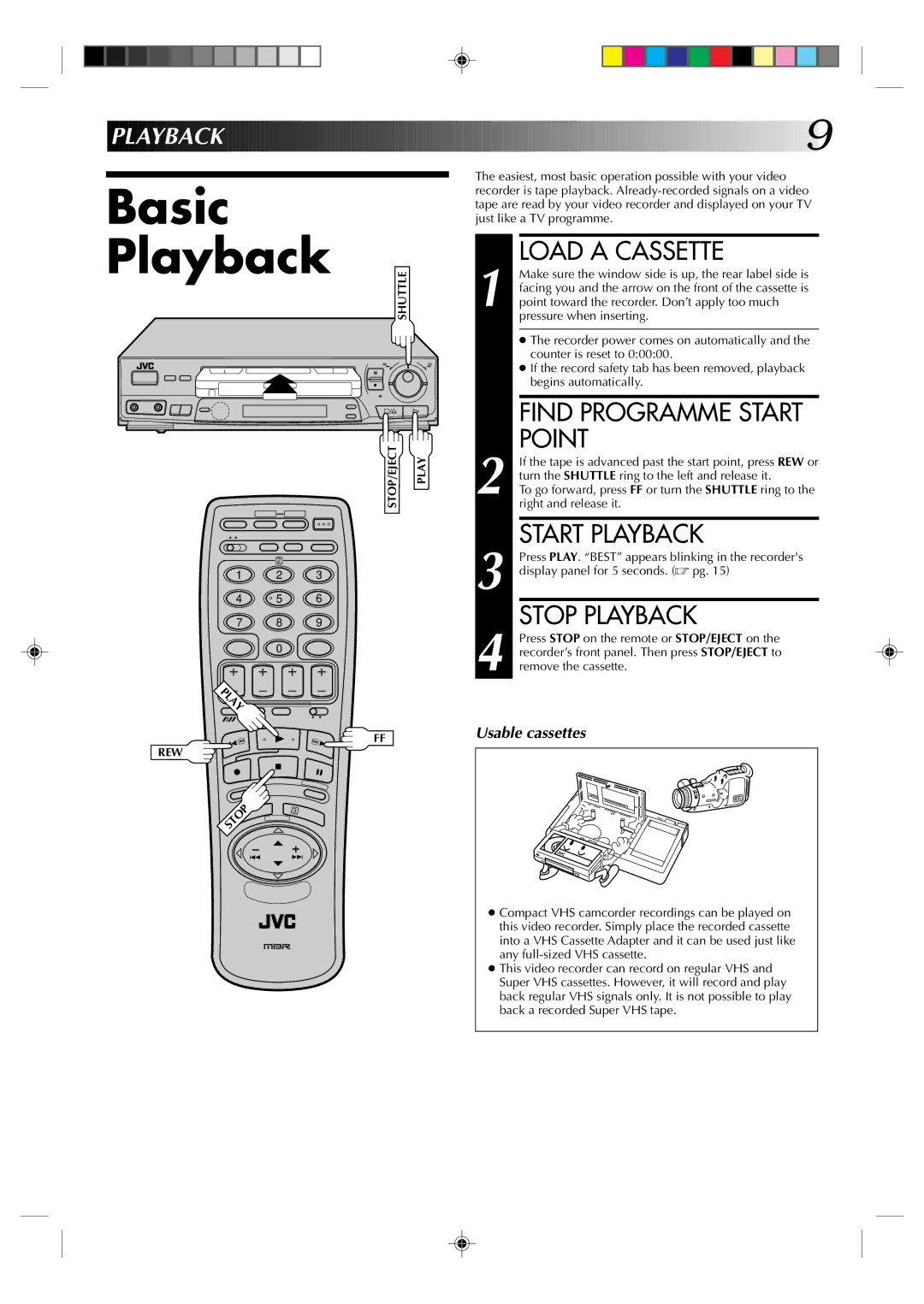 JVC HR-J238E, HR-J438E specifications Basic Playback, Load a Cassette, Point, Start Playback, Stop Playback 