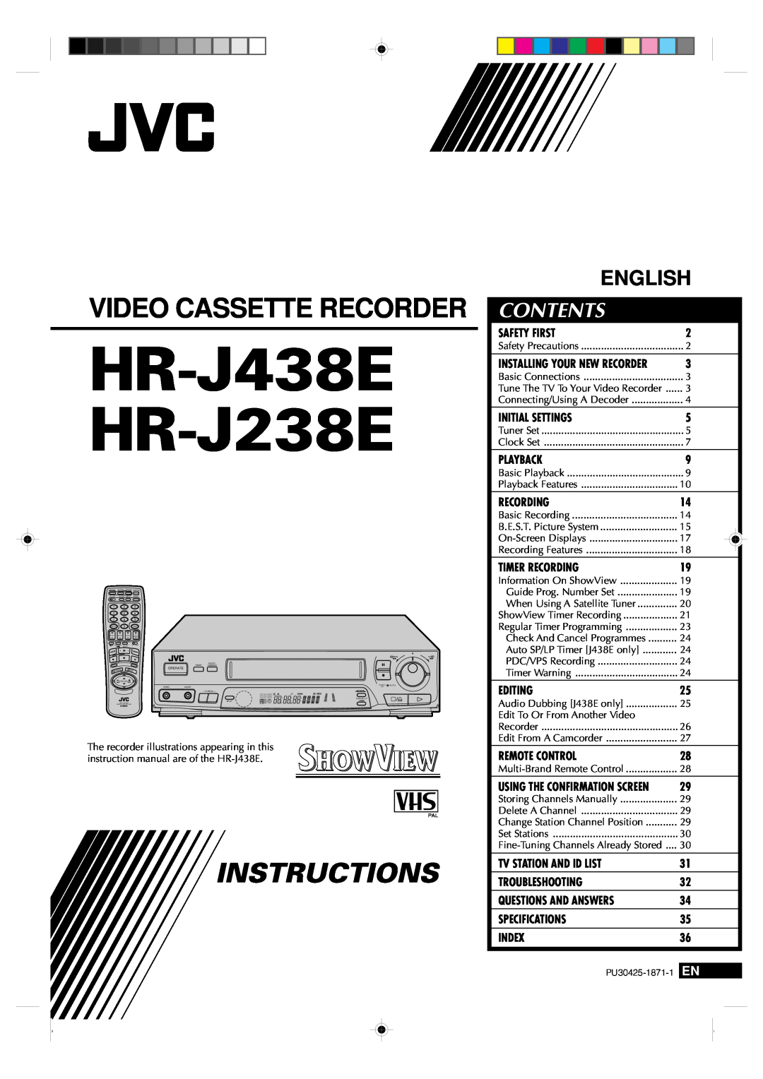 JVC specifications Contents, HR-J438E HR-J238E, Video Cassette Recorder, Instructions, English 