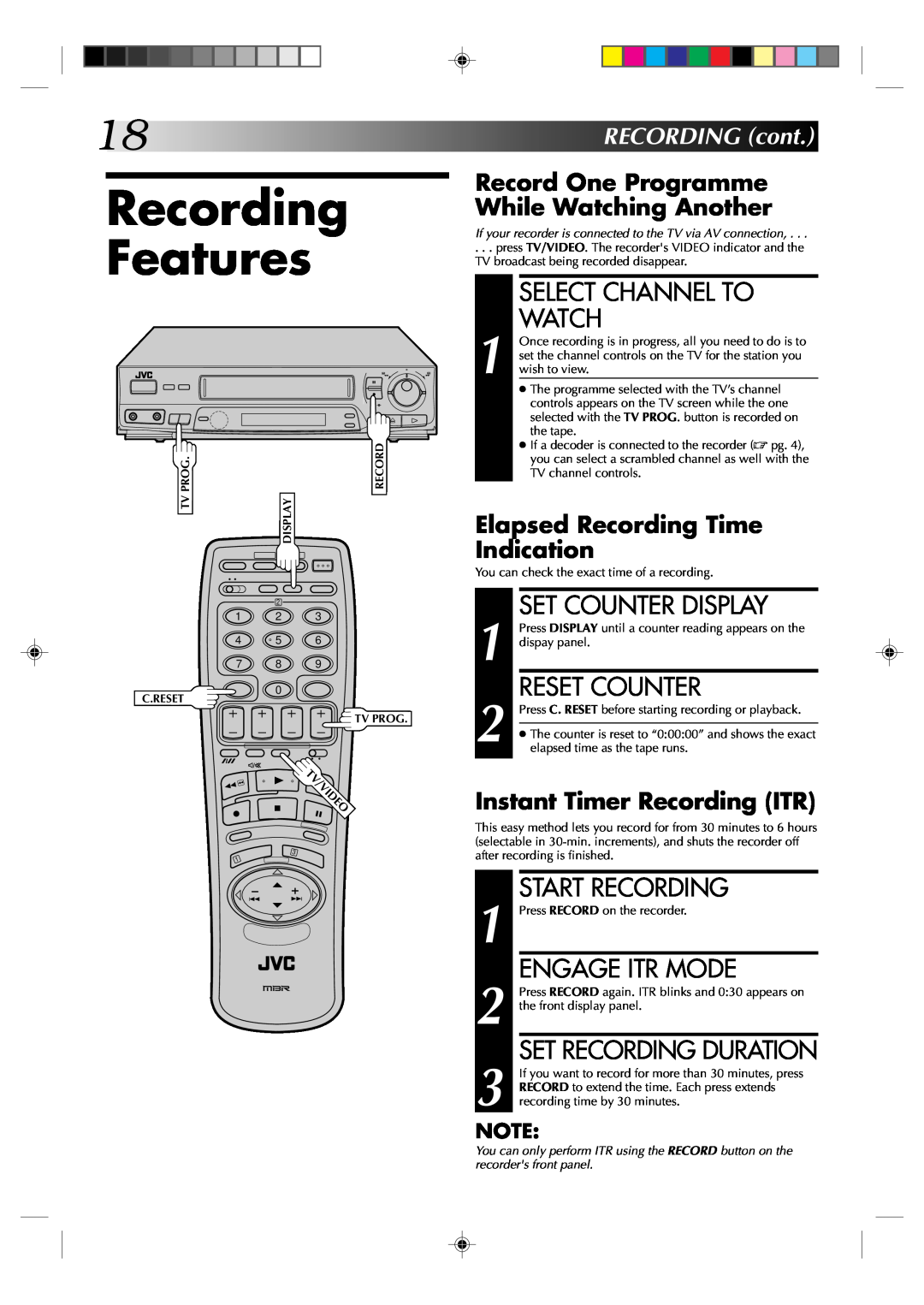 JVC HR-J438E Recording Features, 18RECORDINGcont, Record One Programme While Watching Another, Instant Timer Recording ITR 