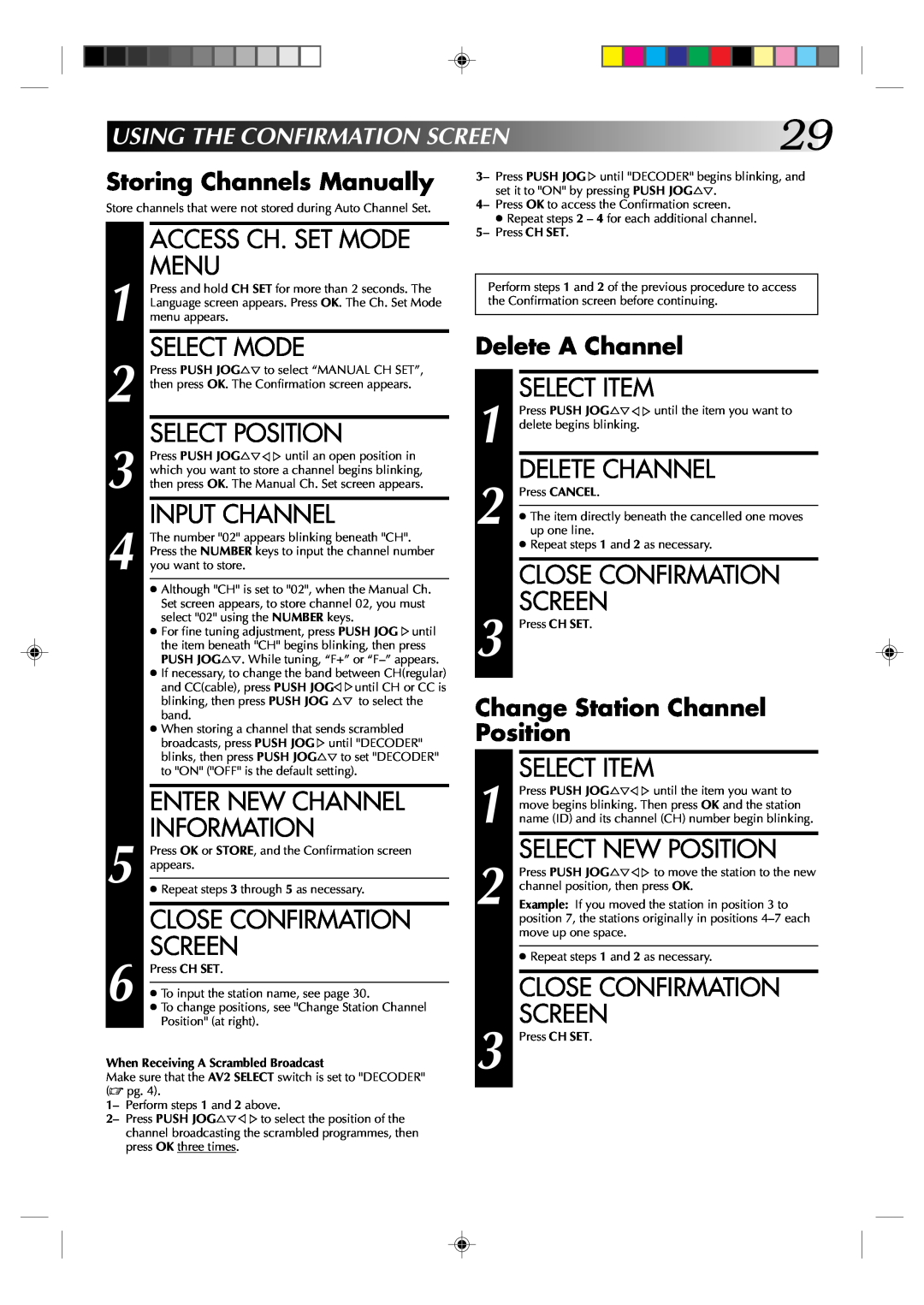 JVC HR-J238E USINGTHECONFIRMATIONSCREEN29, Storing Channels Manually, Delete A Channel, Change Station Channel Position 