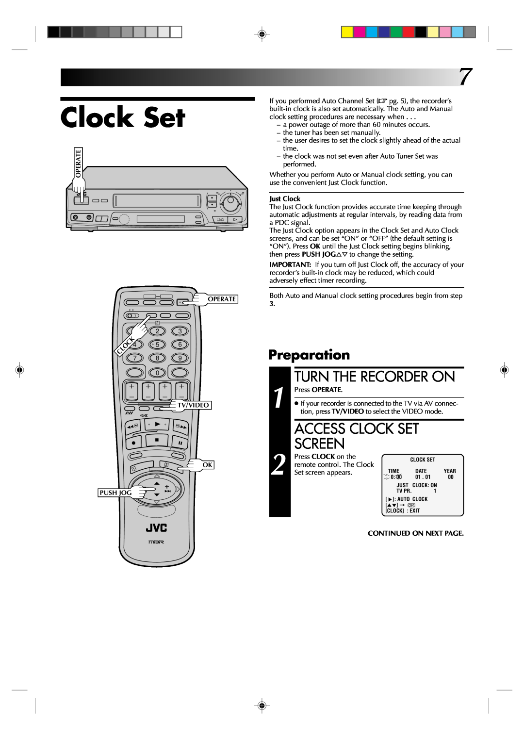 JVC HR-J238E, HR-J438E Access Clock Set, Screen, Preparation, Turn The Recorder On, Just Clock, Press OPERATE 
