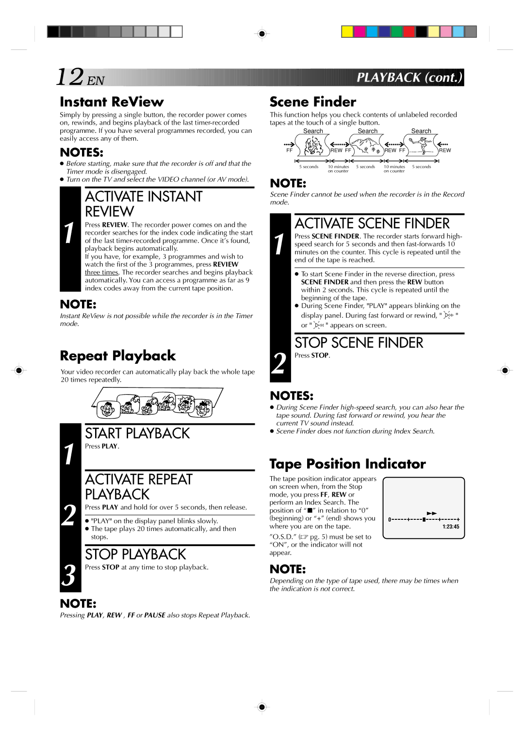 JVC HR-J439EE manual Activate Instant Review, Activate Repeat, Playback, Activate Scene Finder, Stop Scene Finder 