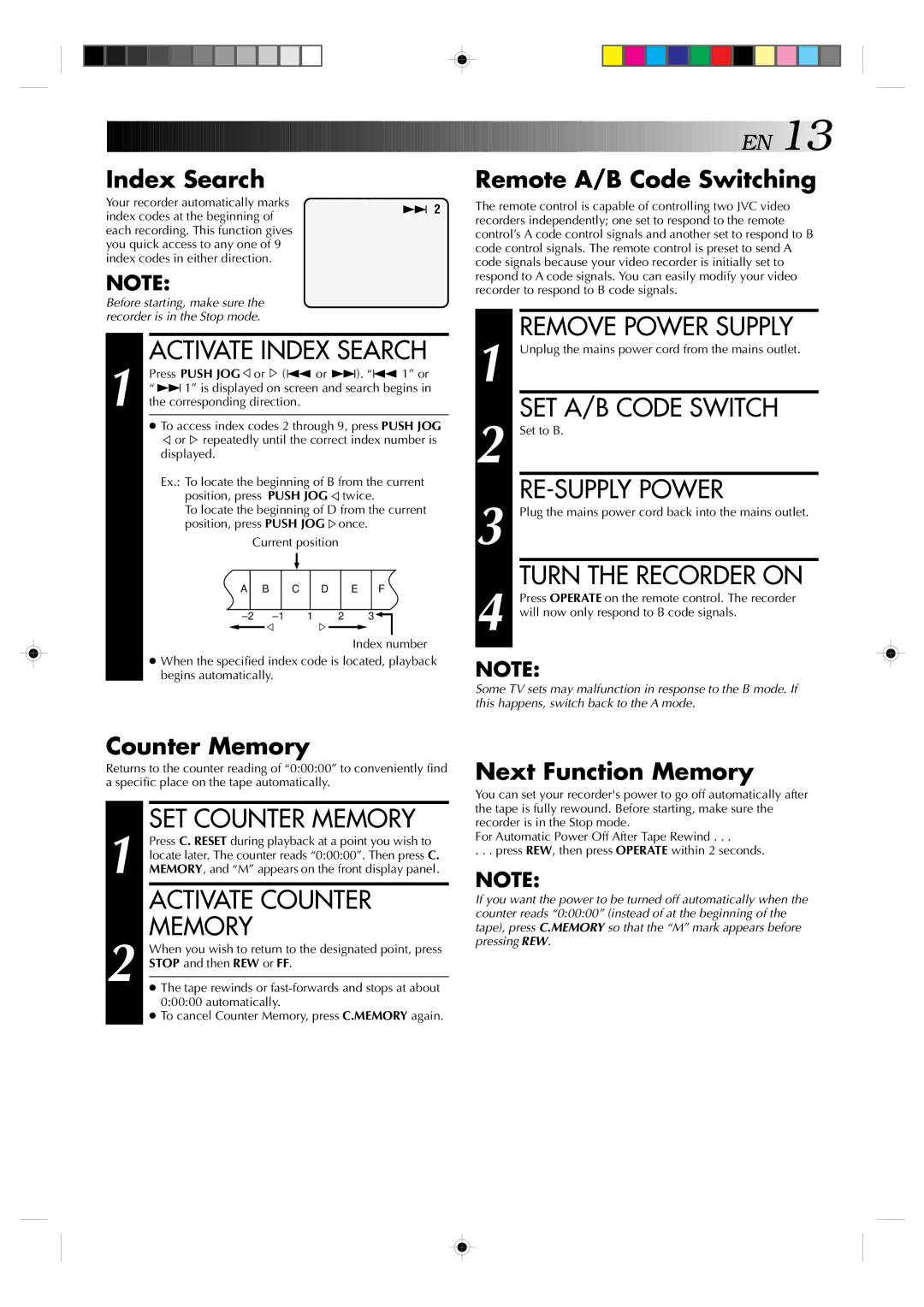 JVC HR-J439EE manual SET A/B Code Switch, RE-SUPPLY Power, SET Counter Memory, Activate Counter 