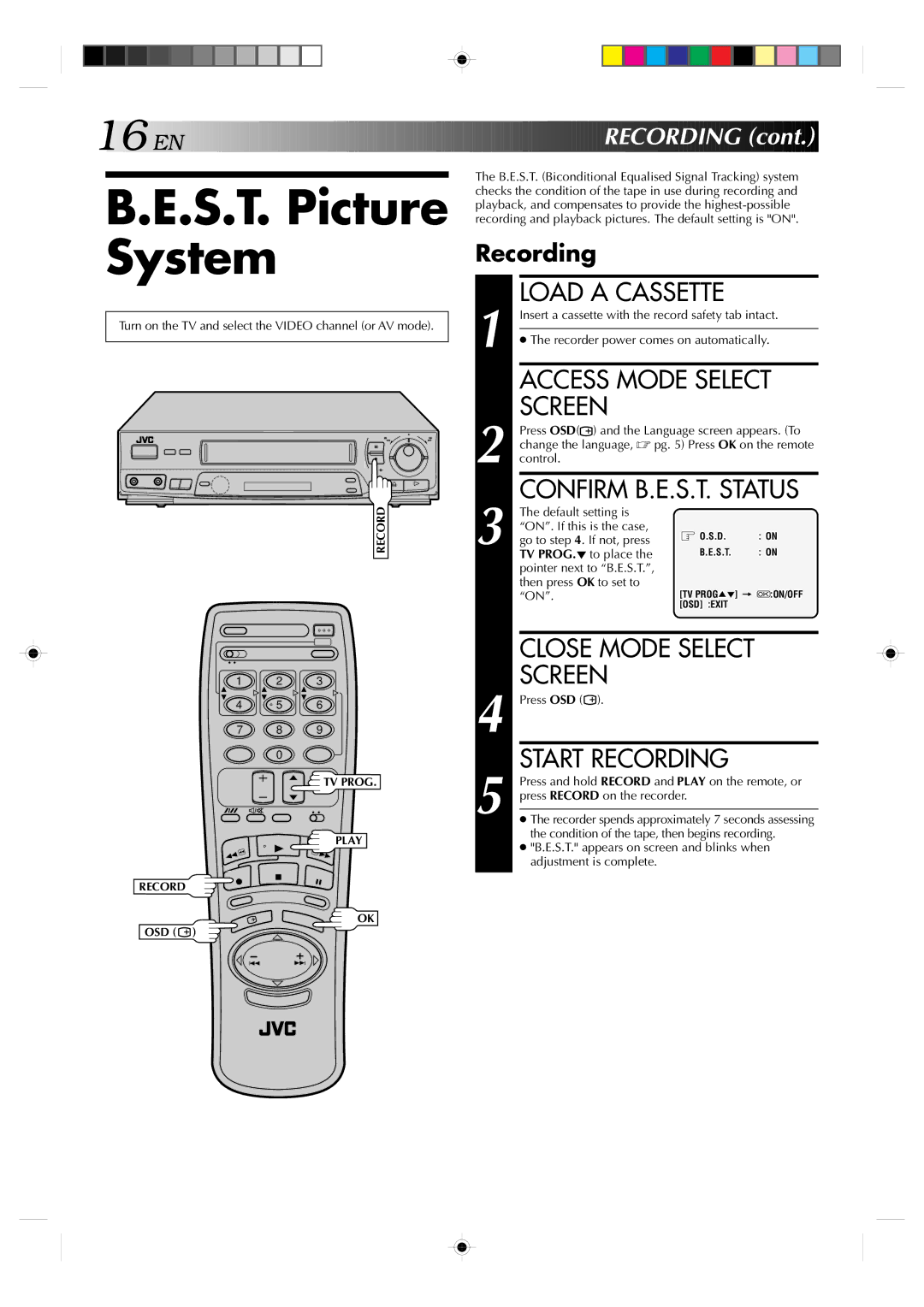 JVC HR-J439EE manual S.T. Picture System, Access Mode Select, EN Recording, Confirm B.E.S.T. Status 