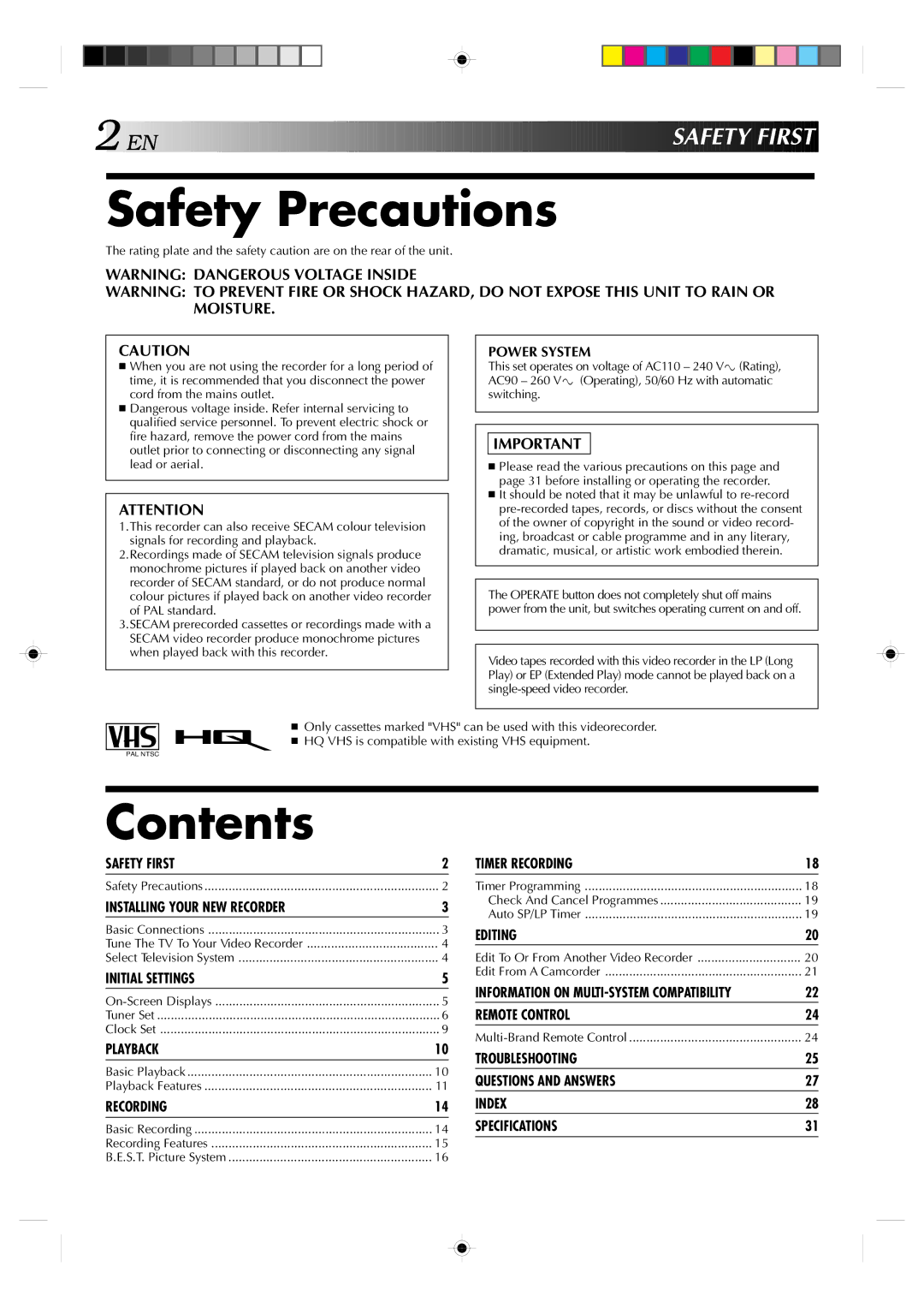 JVC HR-J439EE manual Safety Precautions, Contents 