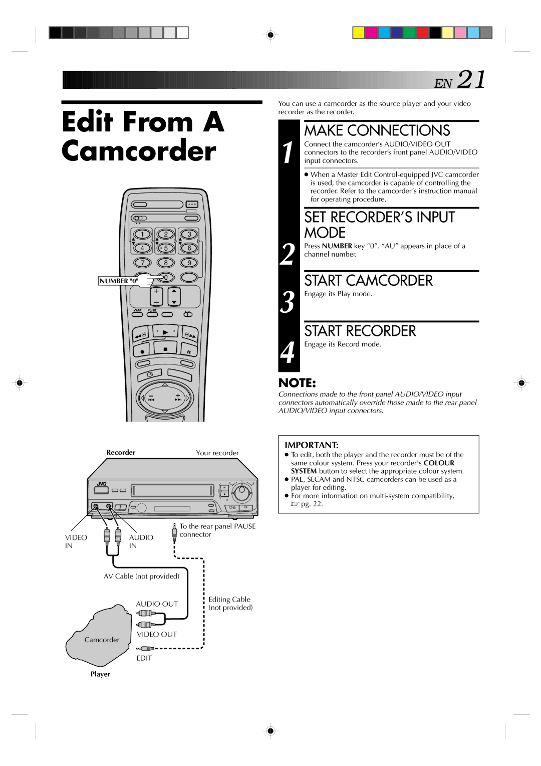 JVC HR-J439EE manual Edit From a Camcorder, SET RECORDER’S Input Mode, Start Camcorder, Start Recorder 