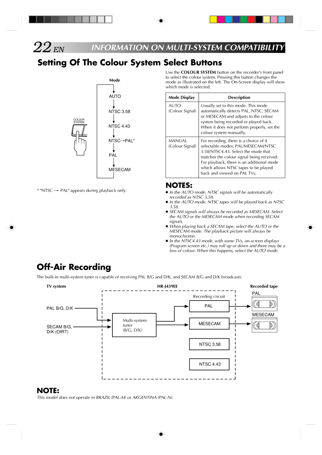 JVC HR-J439EE manual Setting Of The Colour System Select Buttons, Off-Air Recording 