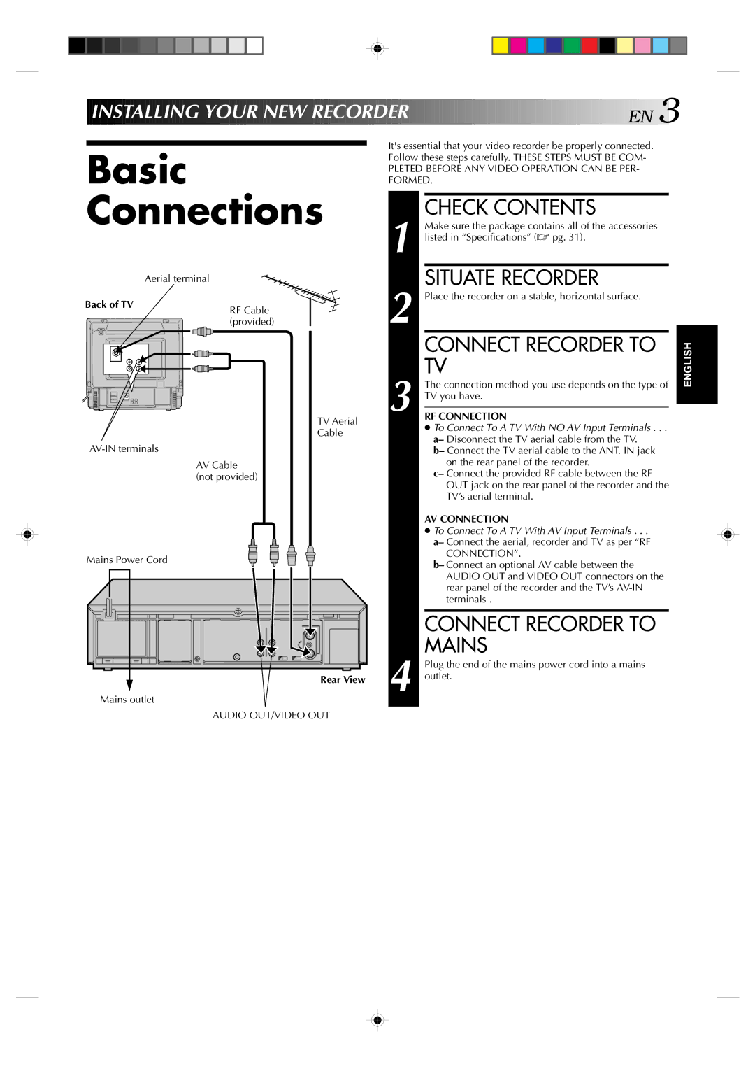 JVC HR-J439EE manual Basic Connections, Check Contents, Situate Recorder, Connect Recorder to Mains 