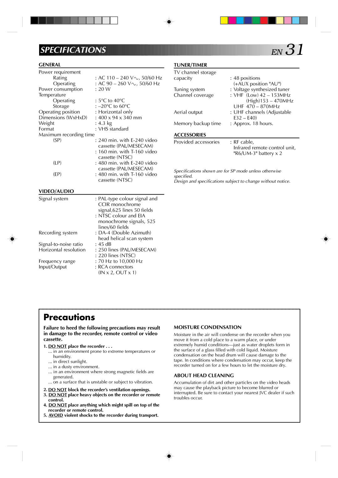 JVC HR-J439EE Specifications, Precautions, Do not place the recorder, Do not block the recorder’s ventilation openings 