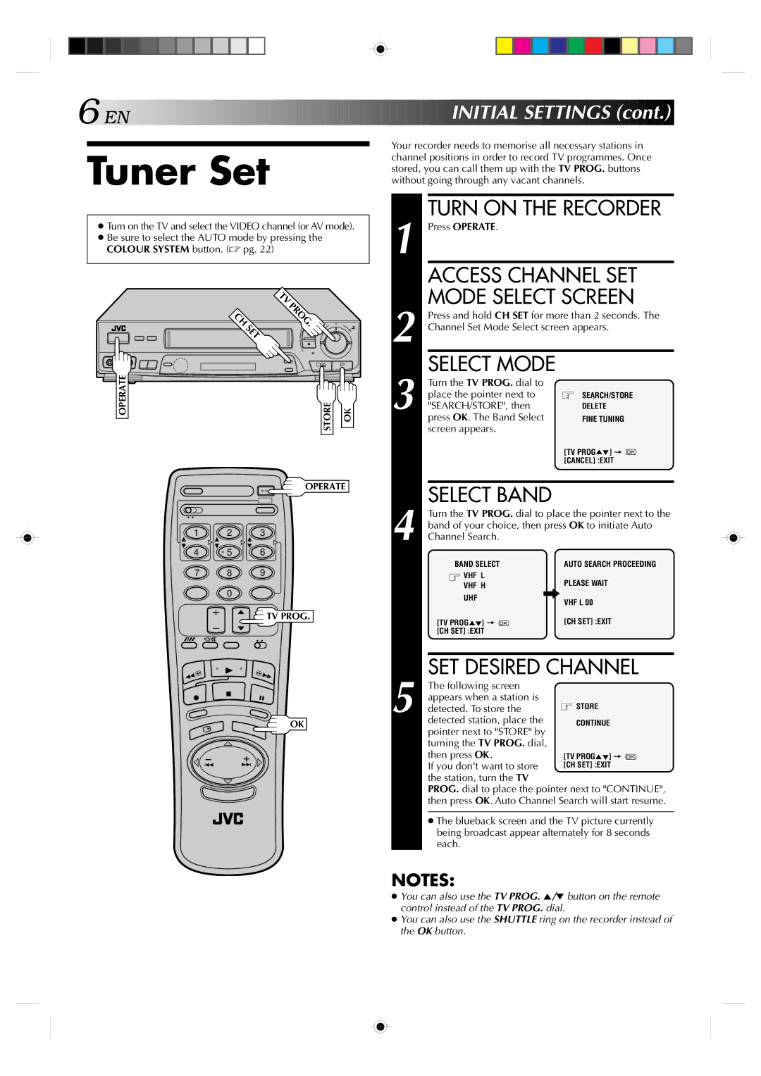 JVC HR-J439EE manual Tuner Set, Access Channel SET, Mode Select Screen, SET Desired Channel, EN Initial Settings 