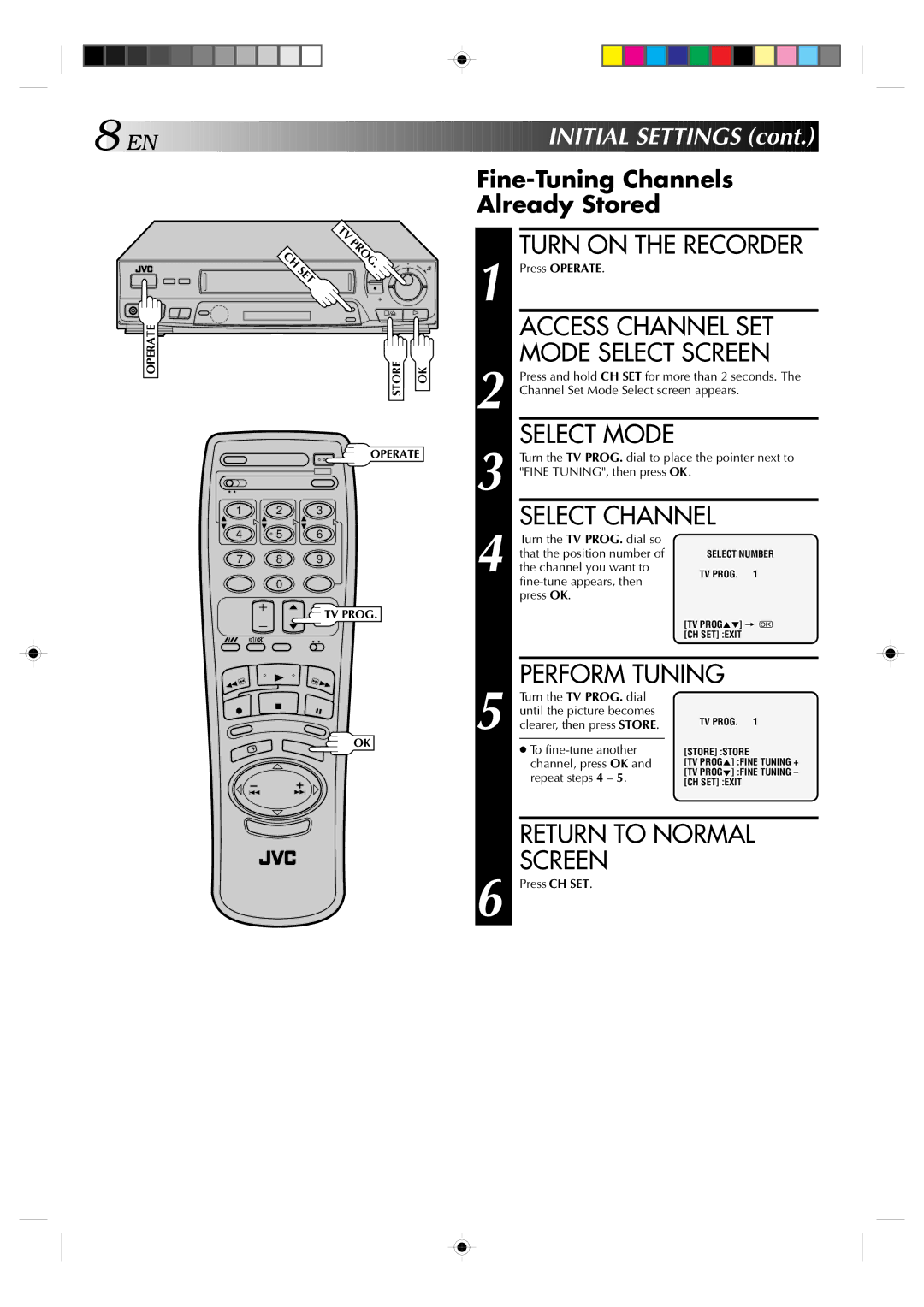 JVC HR-J439EE manual Perform Tuning, Fine-Tuning Channels Already Stored, Prog SET 