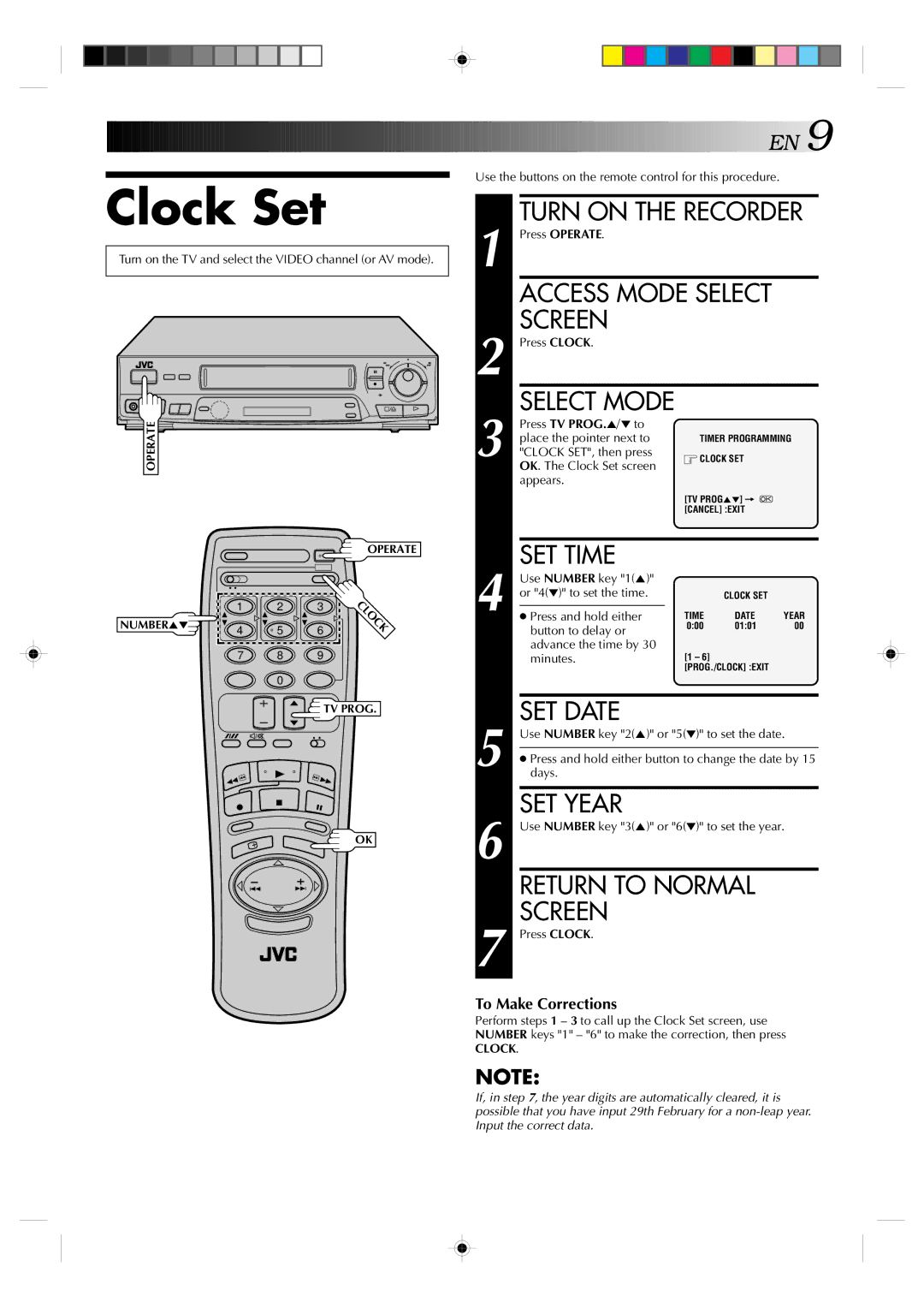 JVC HR-J439EE manual Clock Set, SET Time, SET Date, SET Year 