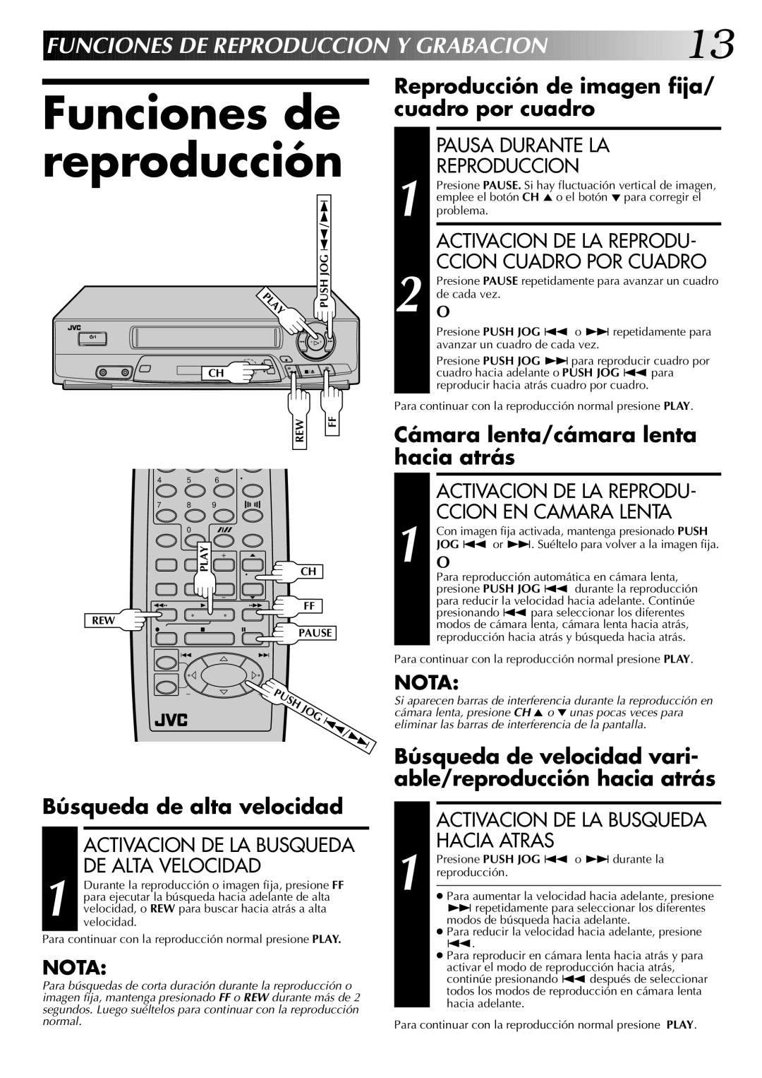 JVC HR-J4404UM manual Funciones de reproducción, Funciones DE Reproduccio N Y GR a Baci on 