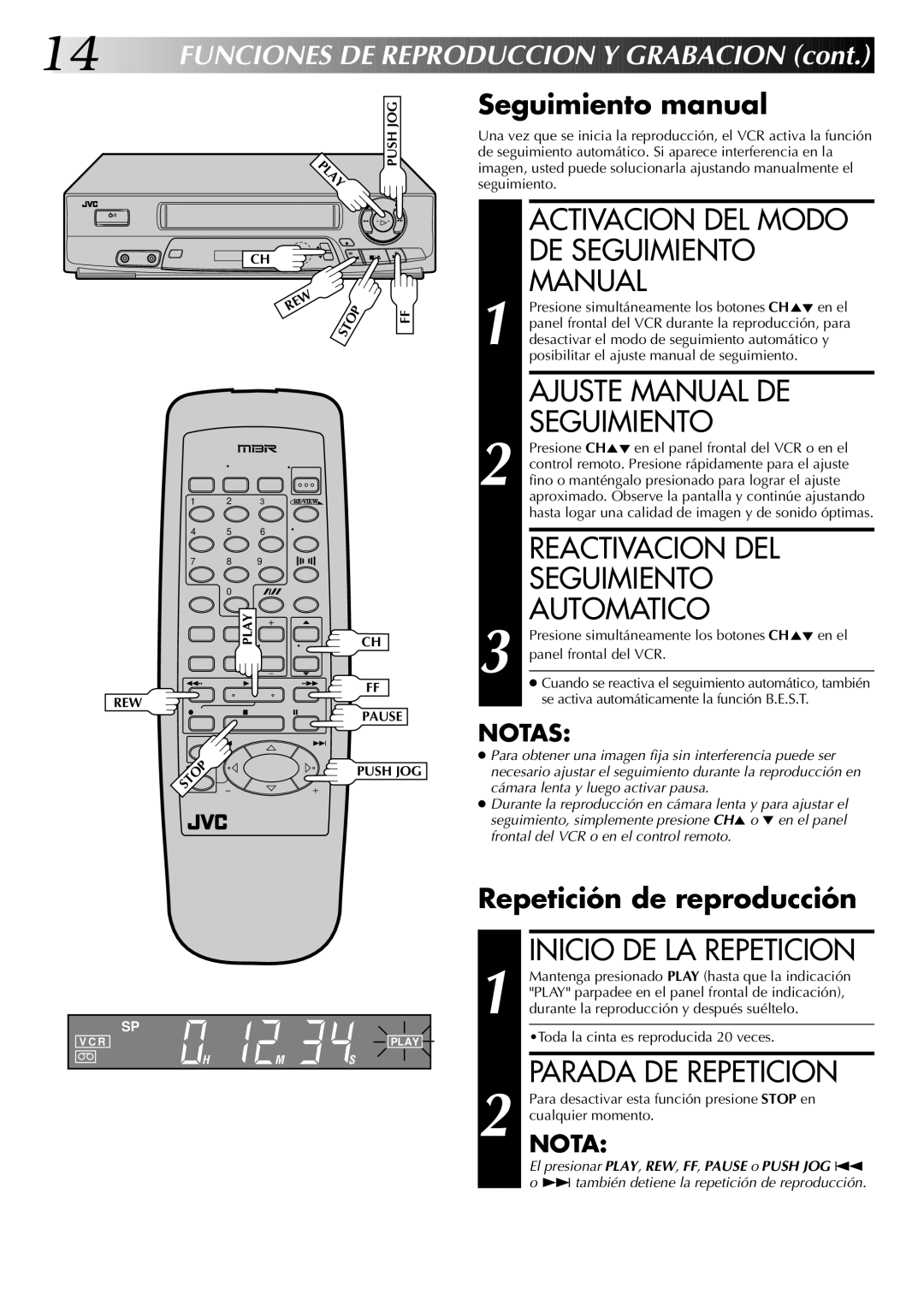 JVC HR-J4404UM manual Activacion DEL Modo DE Seguimiento Manual, Ajuste Manual DE Seguimiento, Parada DE Repeticion 