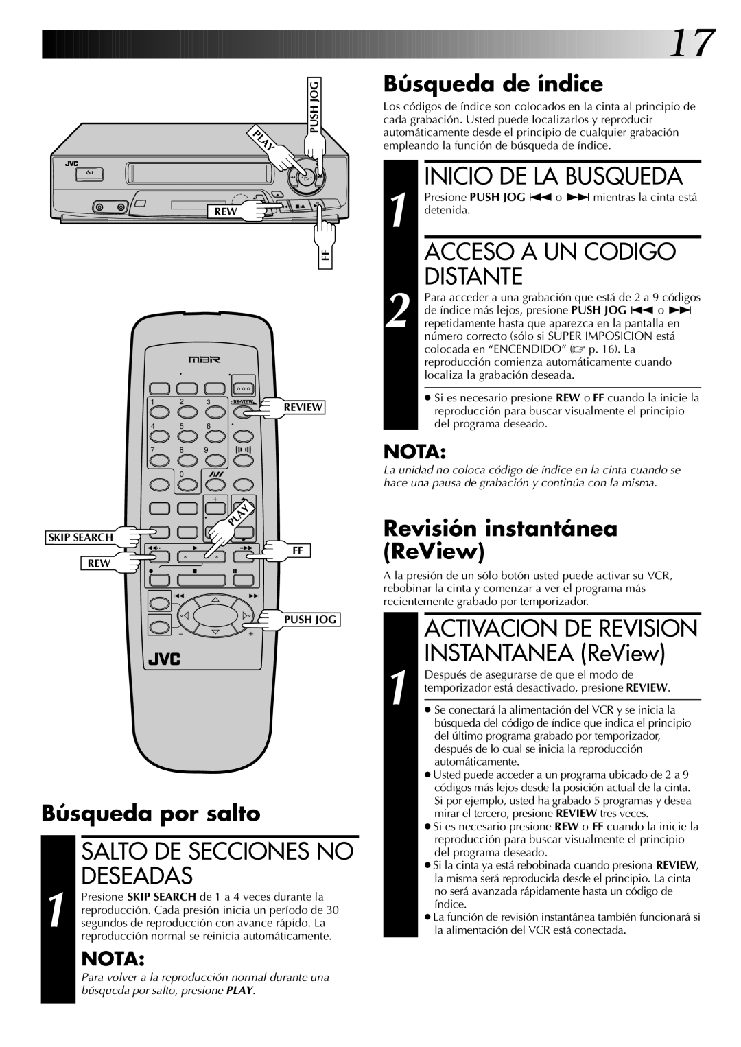 JVC HR-J4404UM manual Inicio DE LA Busqueda, Acceso a UN Codigo Distante, Salto DE Secciones no Deseadas 