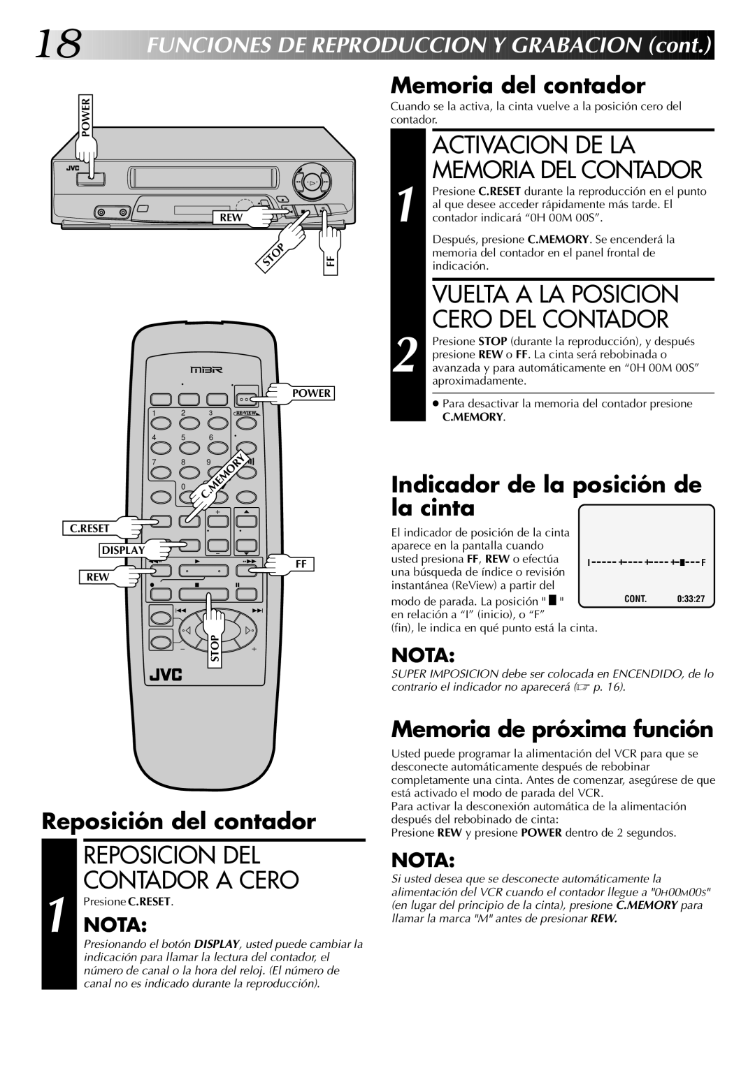 JVC HR-J4404UM manual Reposicion DEL, Contador a Cero 