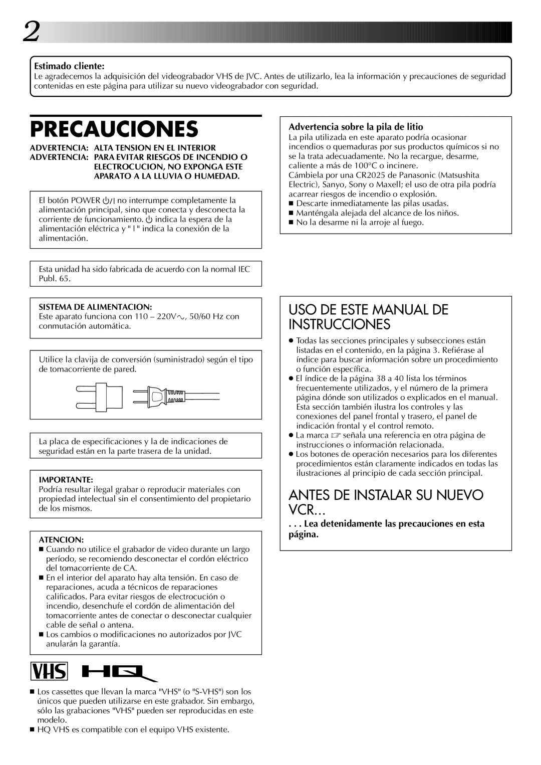 JVC HR-J4404UM manual Precauciones 