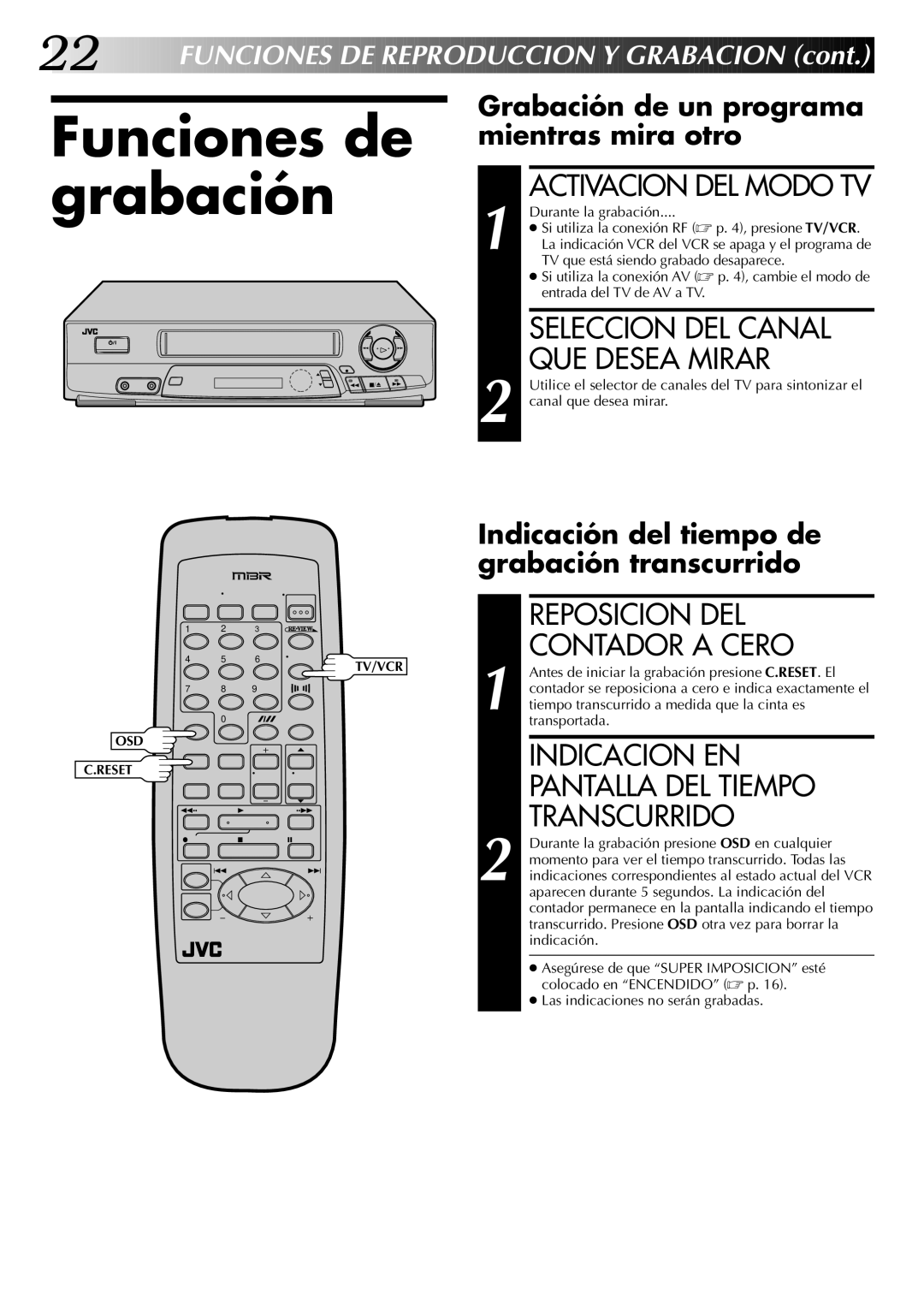 JVC HR-J4404UM Funciones de grabación, Reposicion DEL Contador a Cero, Indicacion EN Pantalla DEL Tiempo Transcurrido 