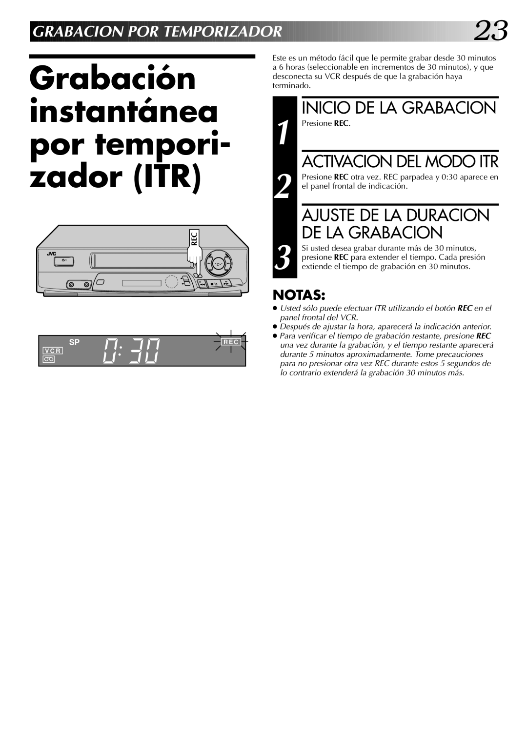 JVC HR-J4404UM manual Grabación Instantánea por tempori- zador ITR, Activacion DEL Modo ITR, Grabacion POR Tempor Izad or 