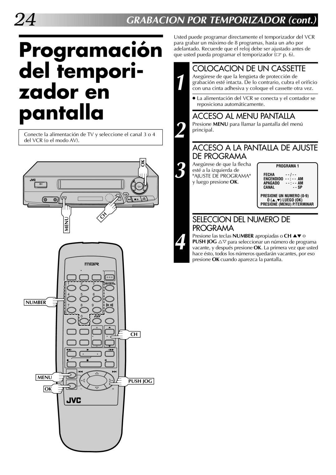 JVC HR-J4404UM manual Programación del tempori- zador en pantalla, Grabacion POR Temporizador 