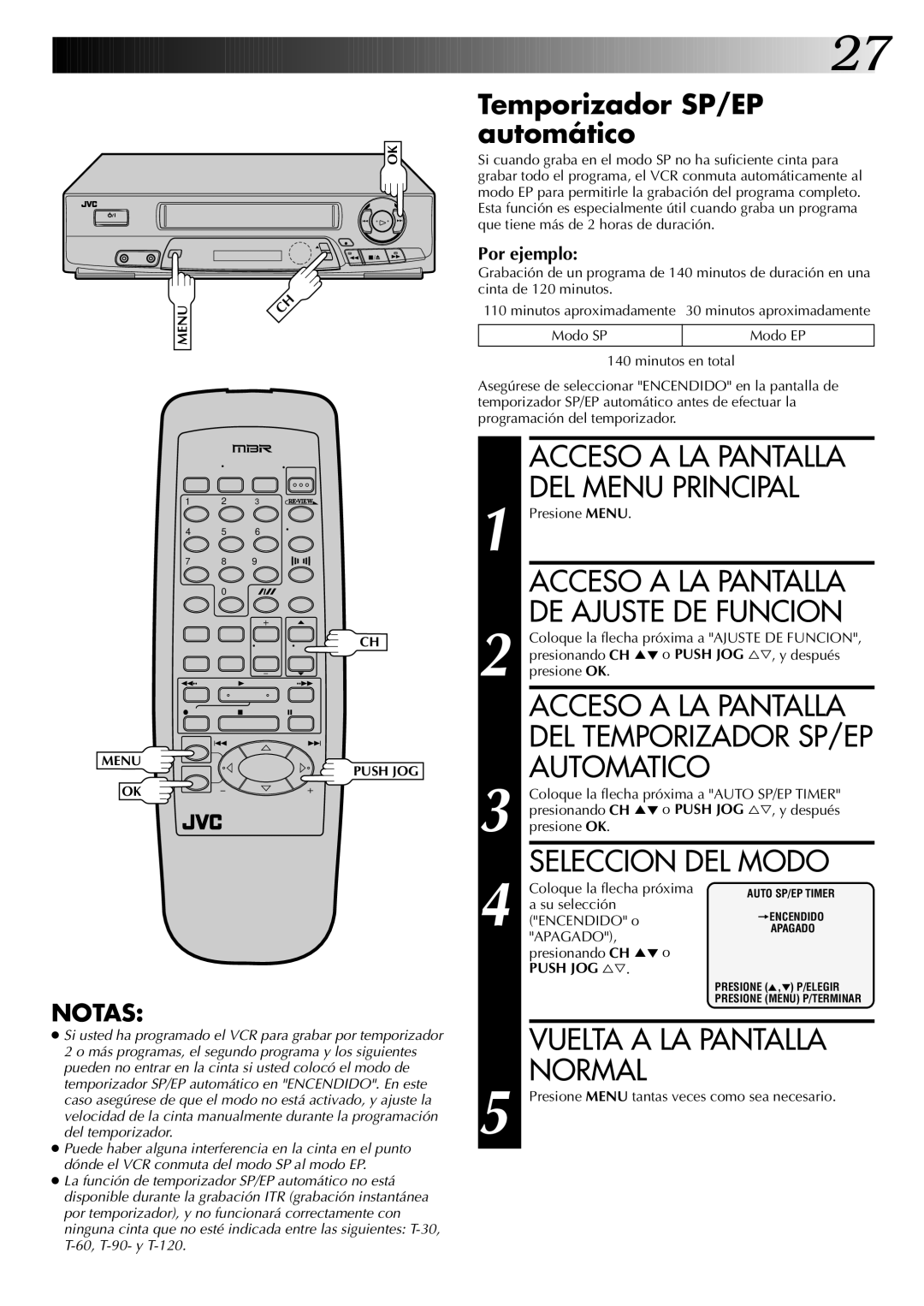 JVC HR-J4404UM manual DE Ajuste DE Funcion, Temporizador SP/EP automático, Apagado 