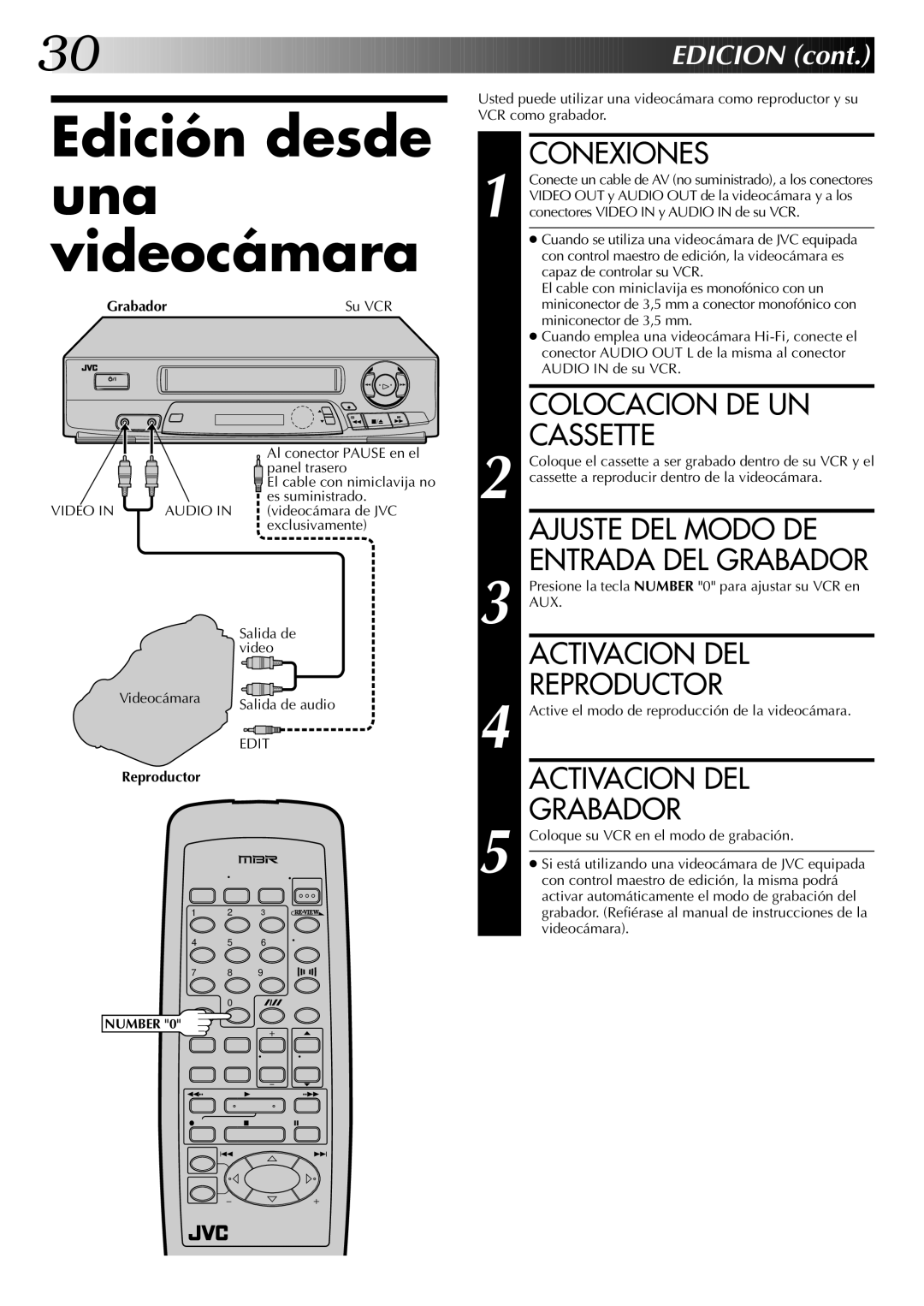 JVC HR-J4404UM manual Edición desde una videocámara, Ajuste DEL Modo DE, Activacion DEL, Entrada DEL Grabador, Reproductor 