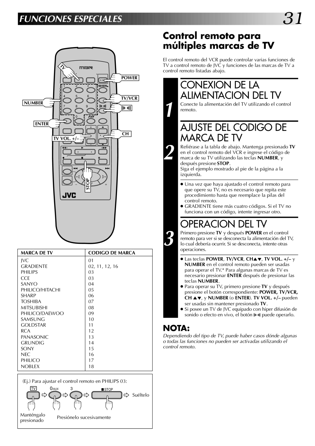 JVC HR-J4404UM manual Conexion DE LA Alimentacion DEL TV, Ajuste DEL Codigo DE Marca DE TV, Operacion DEL TV 